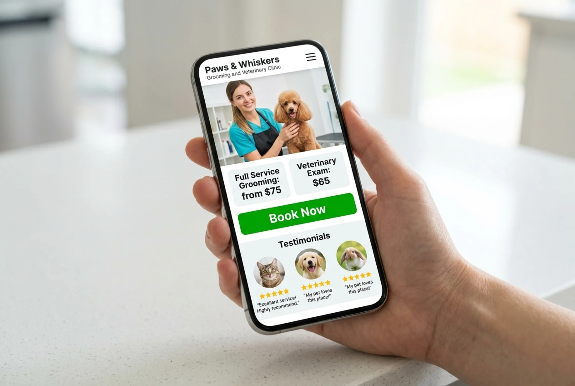A clean redesigned pet grooming homepage shown on a smartphone with visible service prices, a large green "Book Now" button, a row of five-star customer reviews with small pet photos, and a friendly groomer holding a poodle in the photo header