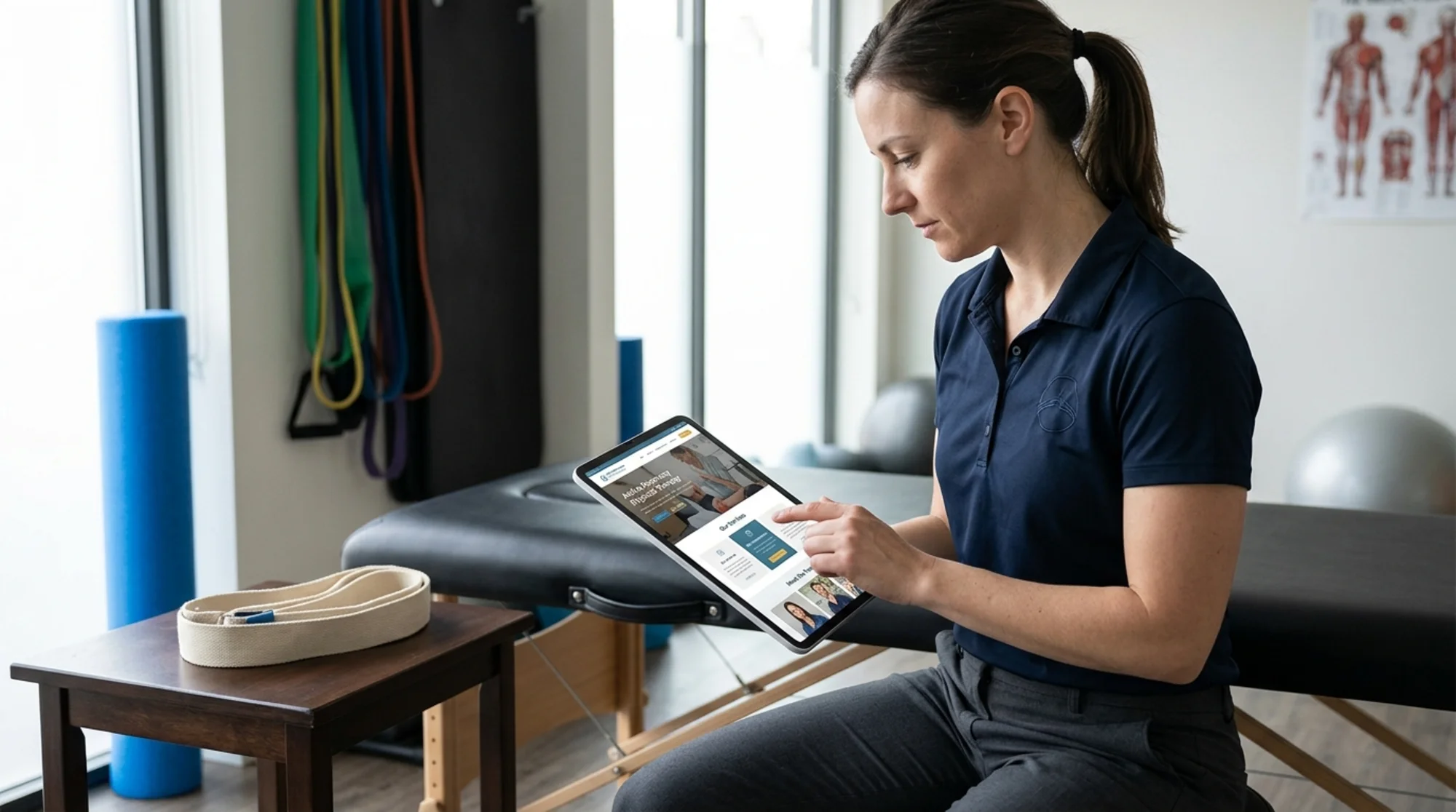 Physical therapist in a clinic polo reviewing their own clinic homepage on a tablet beside a treatment table, with a foam roller, resistance bands, and a folded therapy belt visible in the background