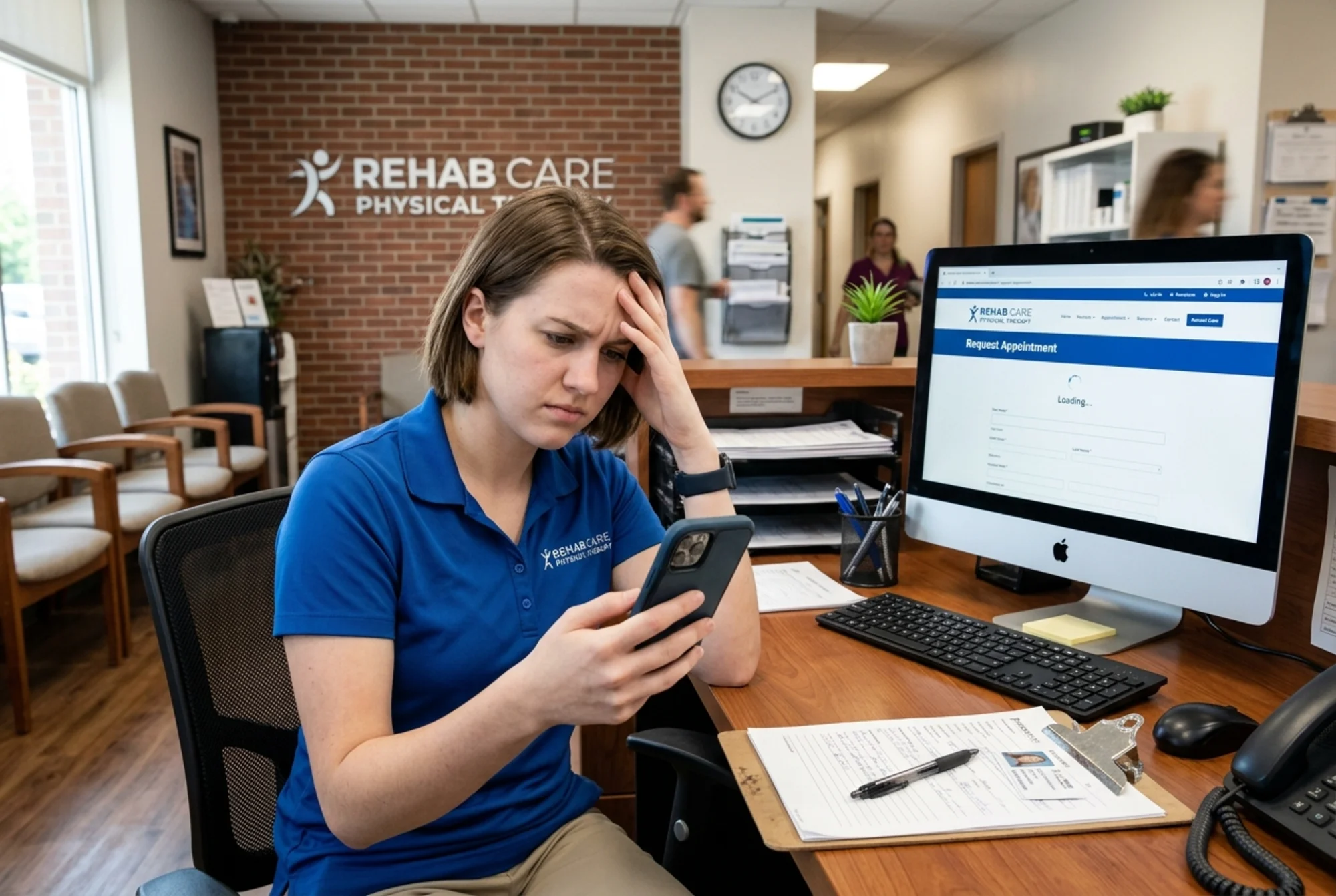 Clinic front-desk staffer frowning at a phone showing a half-loaded appointment request page, a paper intake clipboard and a desktop computer with the clinic site open beside her