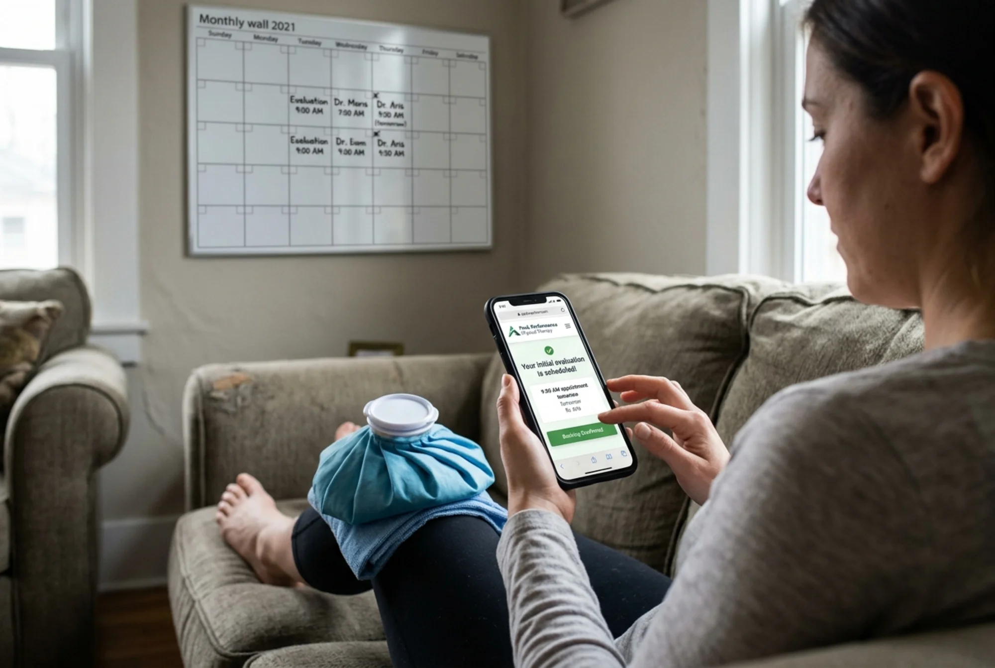 Patient on a living room couch with an ice pack on her knee tapping a "Booking Confirmed" screen on a fast-loading PT clinic mobile site, with a wall calendar showing filled evaluation slots in the background