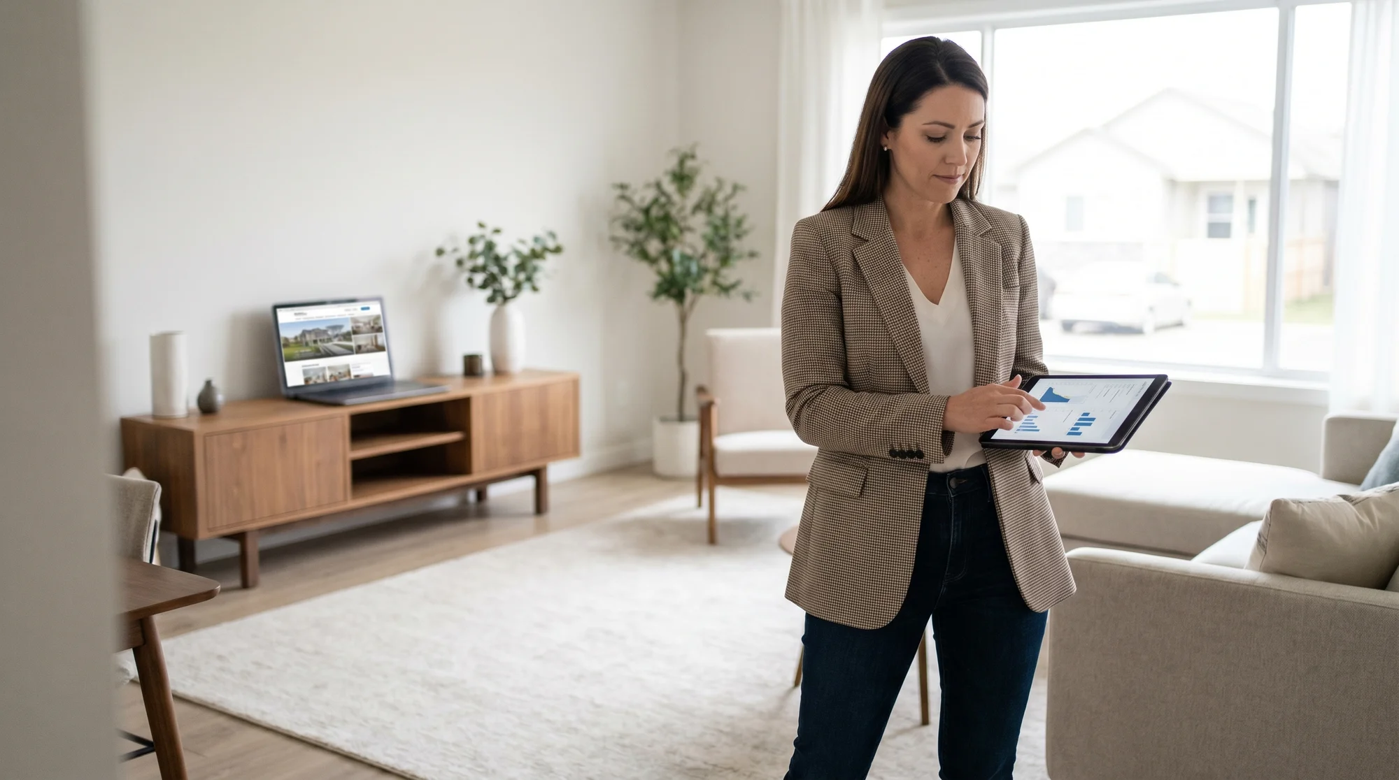 Real estate agent reviewing website analytics on a tablet in a staged home