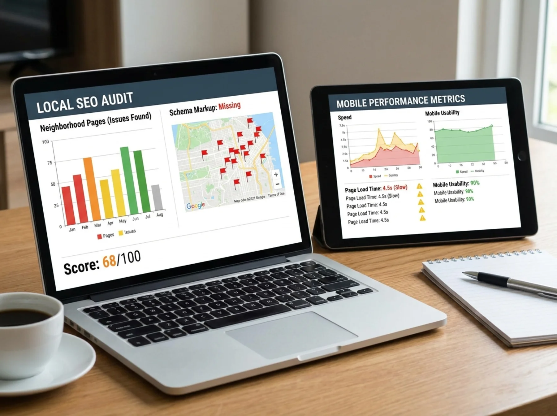 Split-screen real estate website audit dashboard showing local SEO and mobile metrics