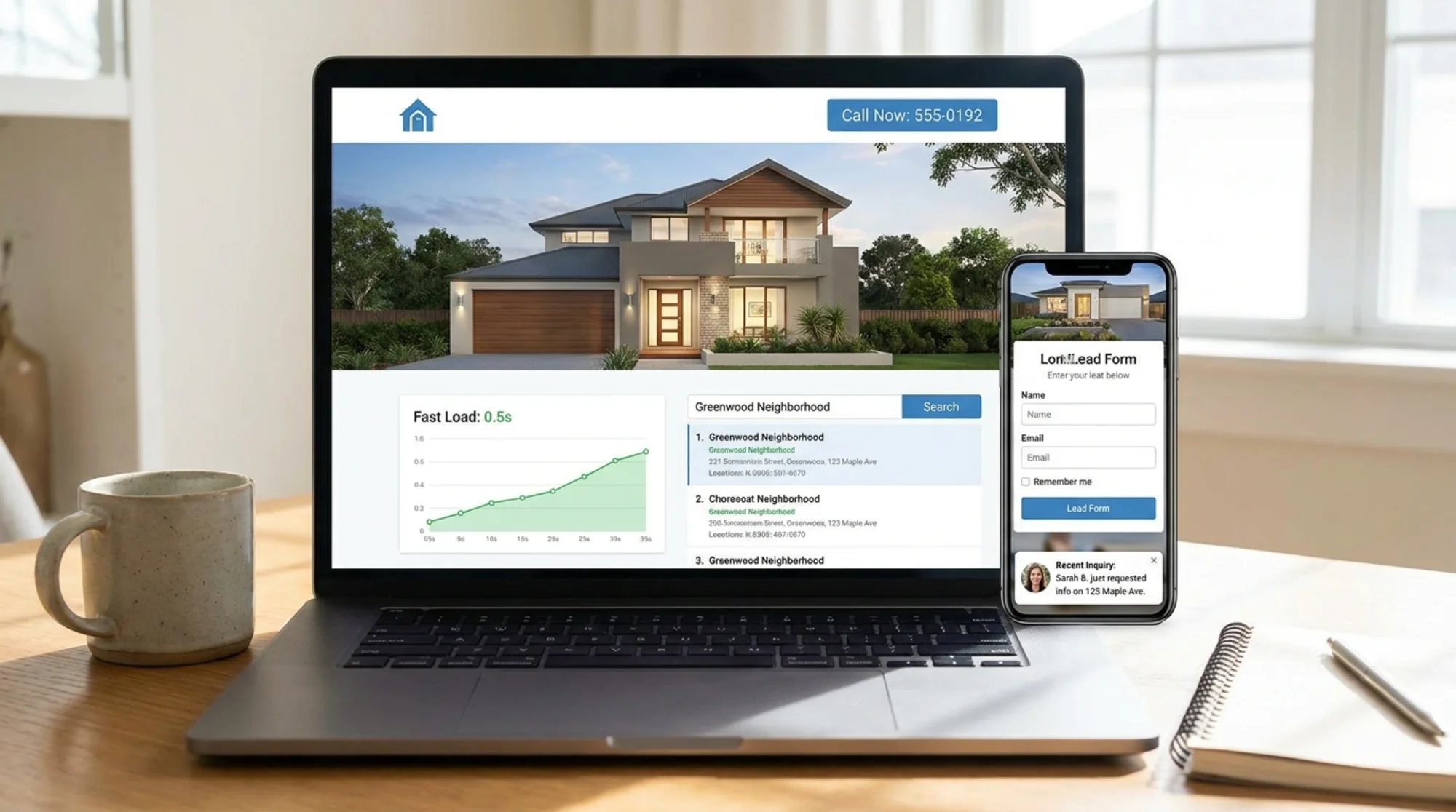 Optimized real estate website on desktop and mobile with clear call to action