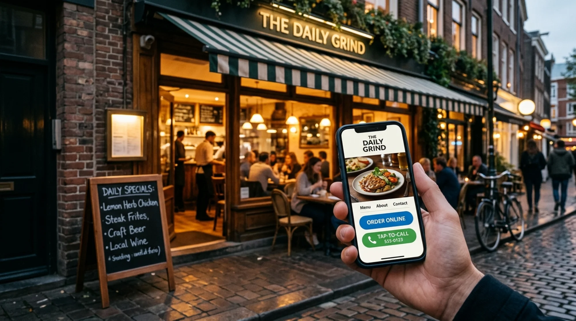 A neighborhood bistro storefront at dusk with warm window light, a chalkboard menu out front, and a phone in the foreground showing the restaurant's homepage with a visible "Order Online" button and tap-to-call icon