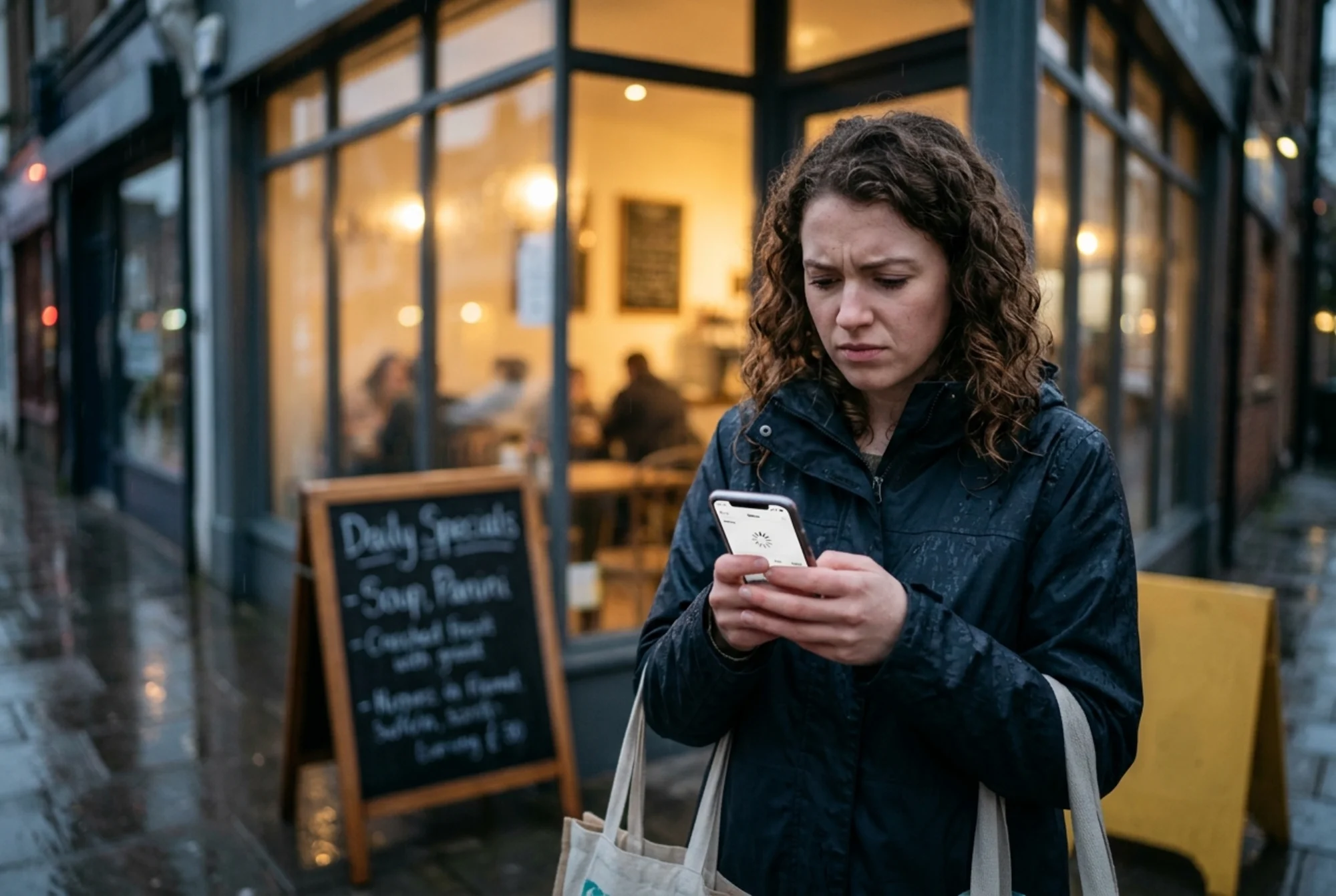 A frustrated diner standing outside a small cafe in light rain, holding a smartphone displaying a restaurant menu page stuck on a loading spinner, the cafe's lit windows and chalkboard specials blurred behind them