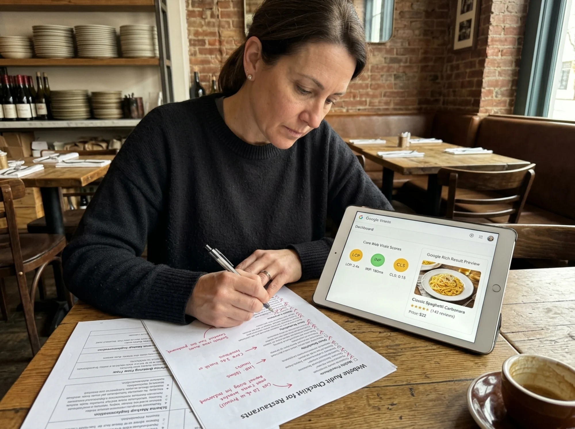 A restaurant owner at a corner banquette table reviewing a printed website audit checklist next to a tablet showing Core Web Vitals scores (LCP, INP, CLS) and a Google rich-result preview for a pasta dish with price and rating