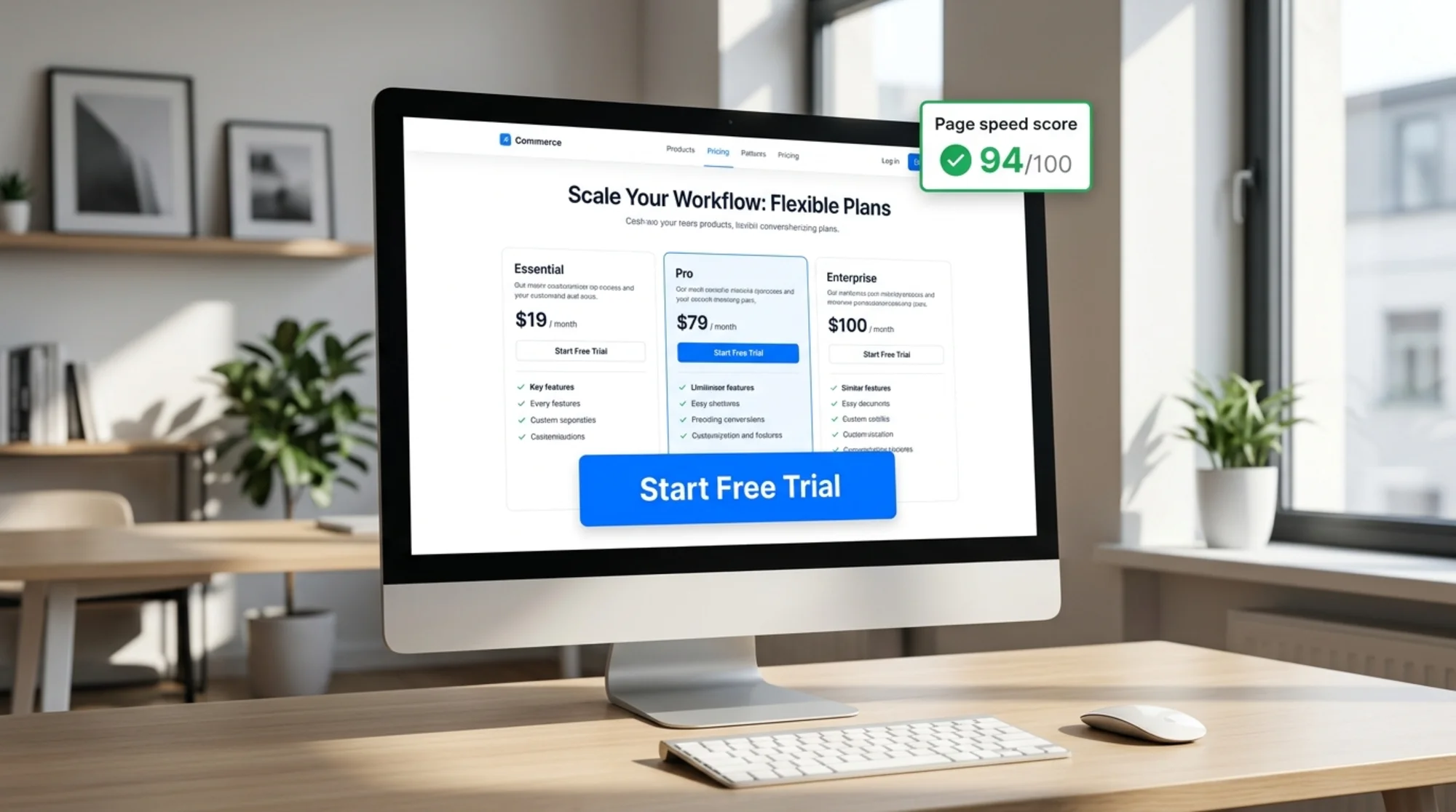 A SaaS product pricing page open in a browser showing three plan tiers, a prominent "Start Free Trial" CTA button, and a page speed score badge in the corner — clean, focused on conversion architecture