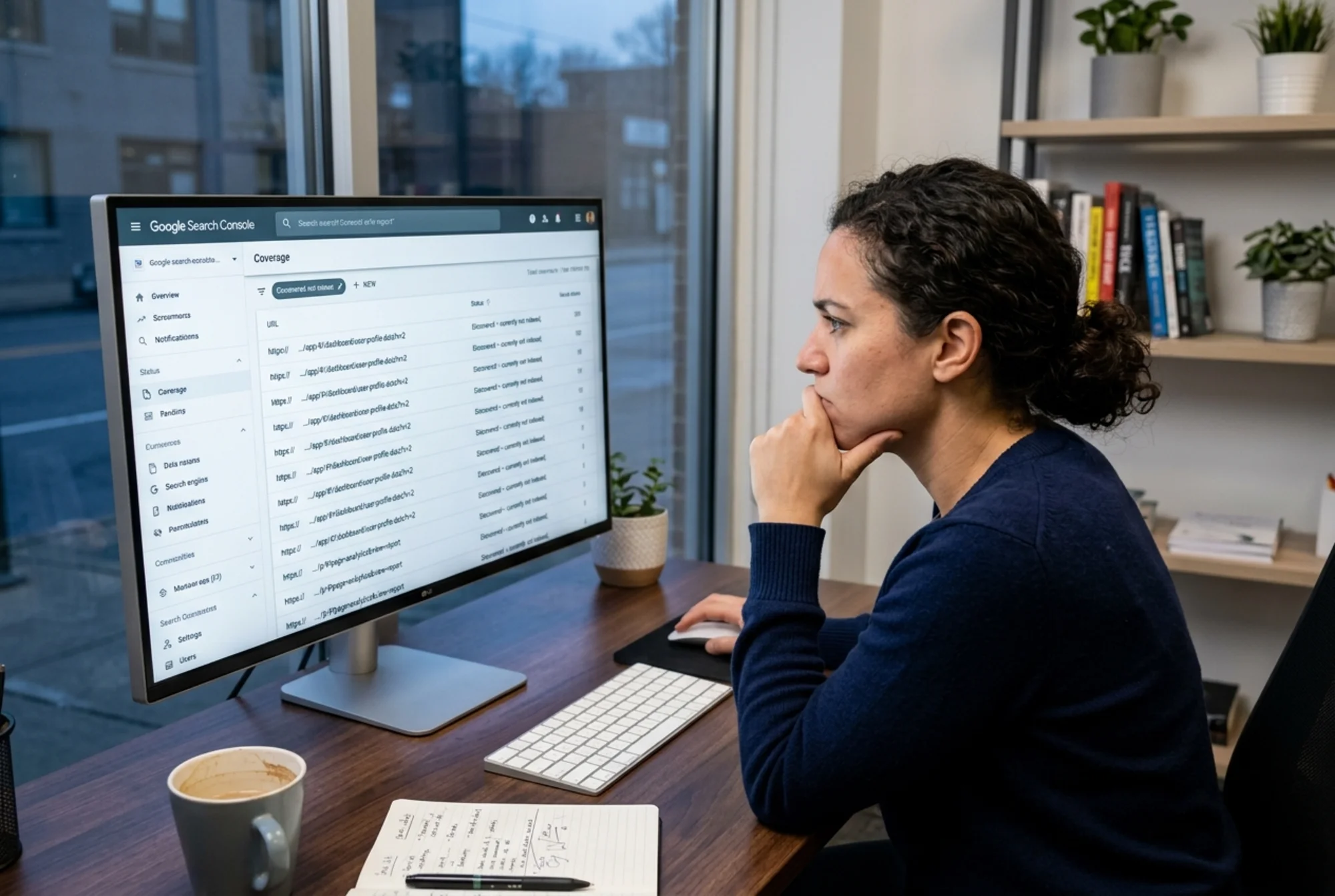 A SaaS founder staring at a Google Search Console coverage report showing dozens of pages marked "Discovered — currently not indexed," with a JS-rendered app shell URL pattern visible in the URL column