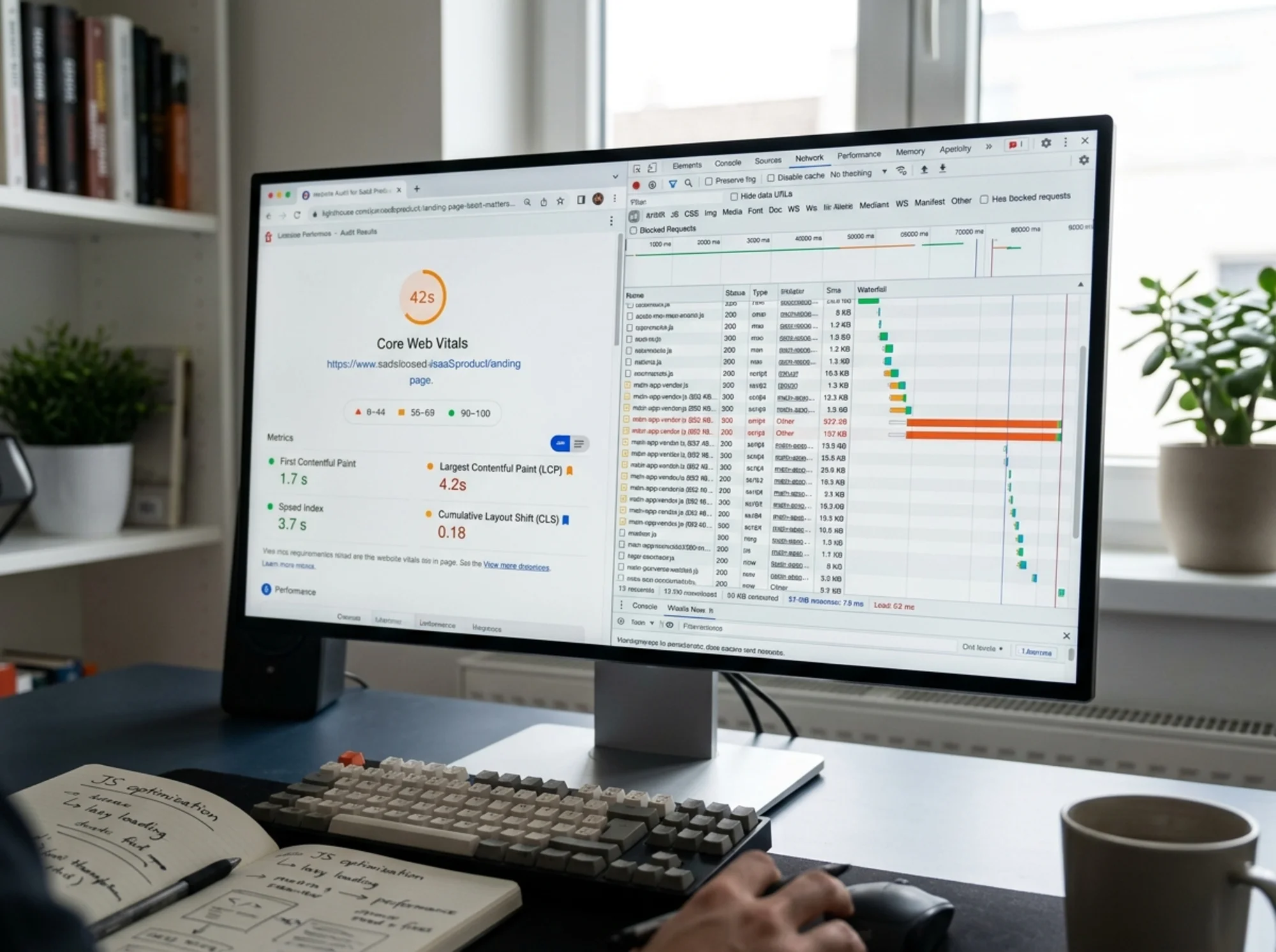 A website audit results panel showing Core Web Vitals scores for a SaaS landing page — LCP flagged in orange at 4.2s, CLS at 0.18 — with the browser DevTools Network tab open beside it showing large JavaScript bundles