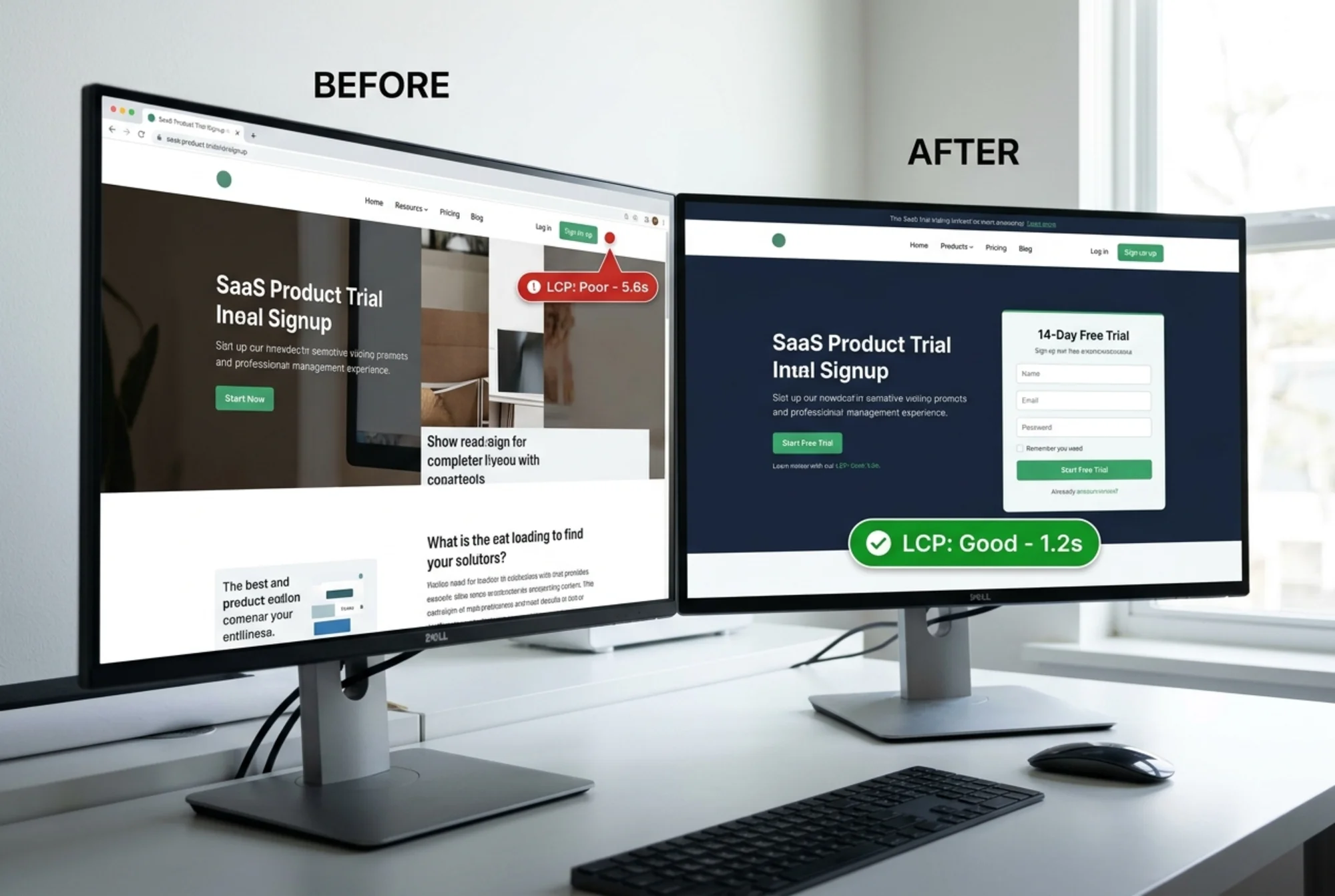 A SaaS trial signup page side-by-side before and after optimization: left side shows a slow-loading hero with layout shift, right side shows a fast-loading version with a visible "14-day free trial" form and a green LCP badge