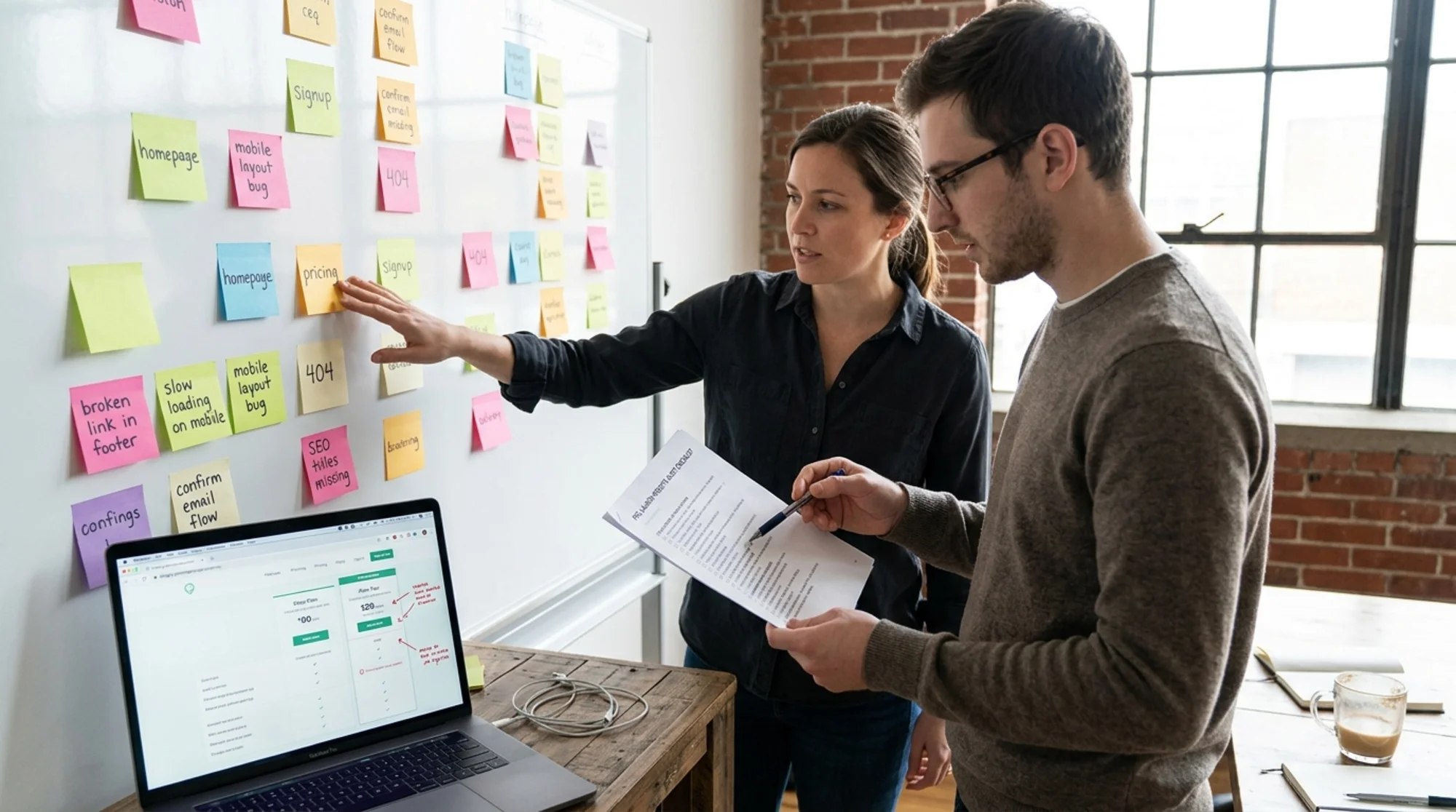 Two startup co-founders at a whiteboard covered in sticky notes labeled "homepage," "pricing," "signup," and "404," pointing at a printed pre-launch audit checklist with a laptop showing a staging URL nearby, natural morning light through a loft window