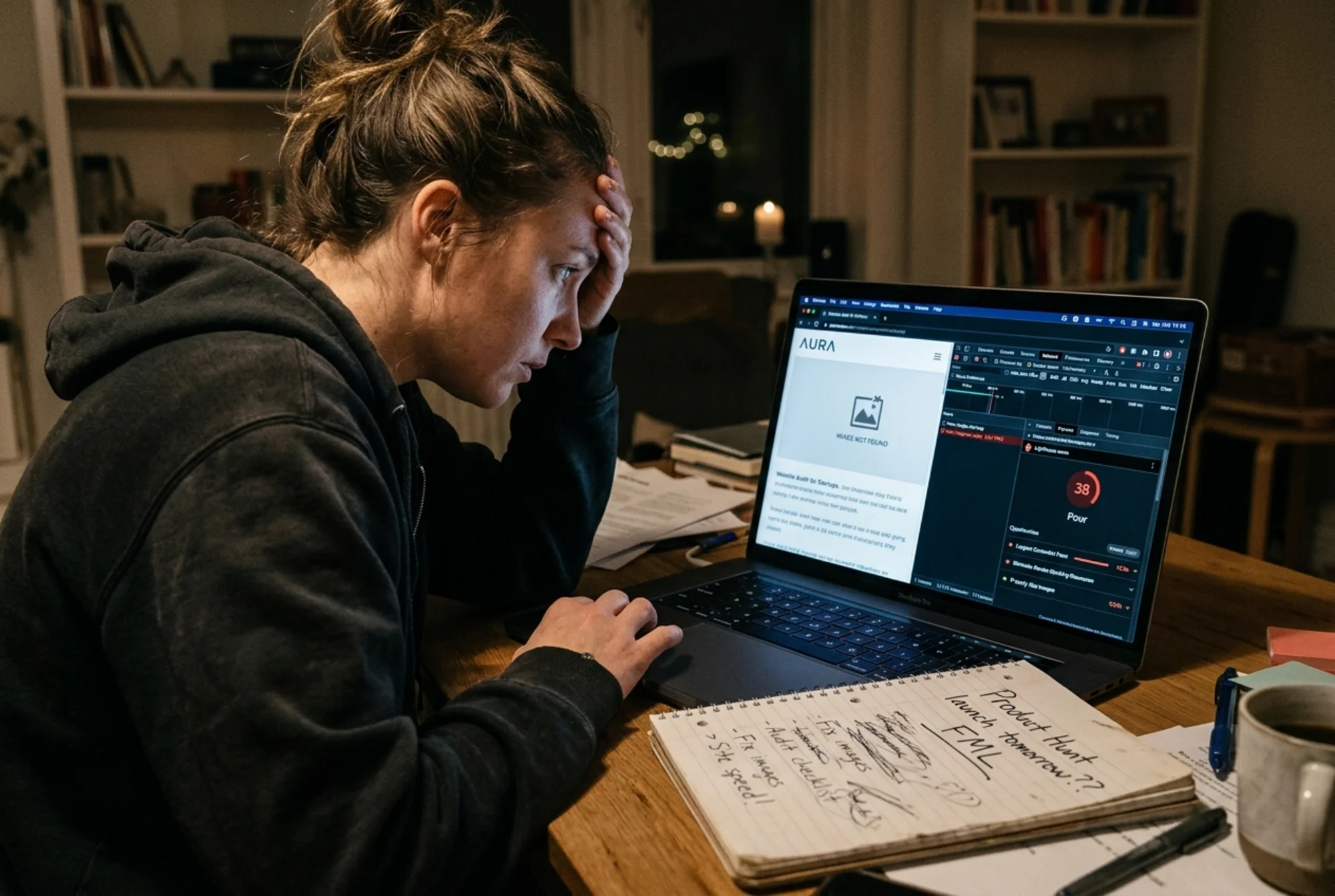 A solo founder hunched over a laptop showing a half-loaded startup homepage with a broken hero image placeholder, a red Lighthouse score of 38, and an open DevTools panel flagging a 4.2 MB image, with a notebook scribbled "Product Hunt tomorrow??" on the desk