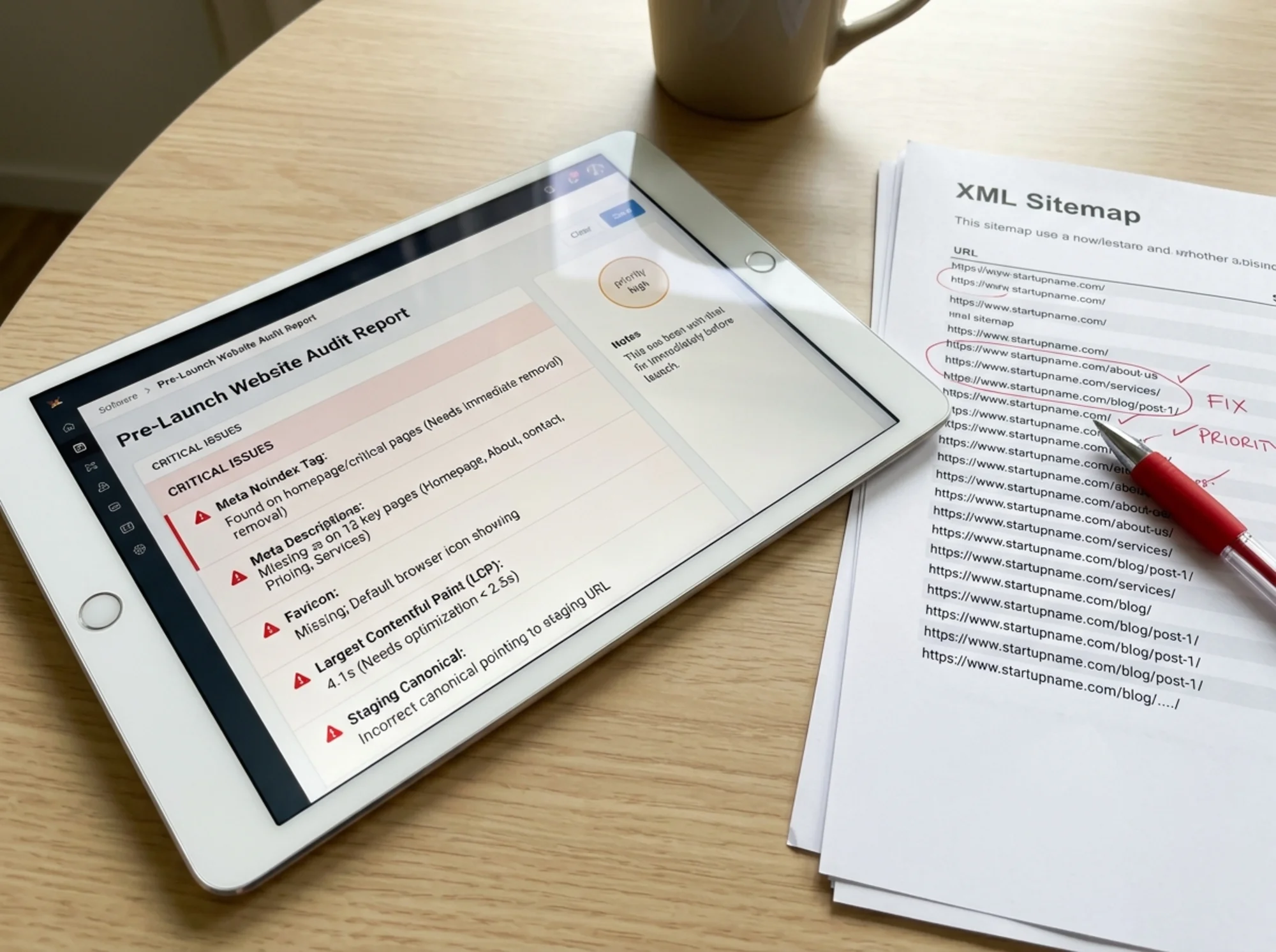 Close-up overhead shot of a tablet displaying a pre-launch audit report with flagged items — leftover noindex tag, missing meta descriptions, no favicon, 4.1s LCP, staging canonical — beside a printed XML sitemap and a red pen circling priority issues