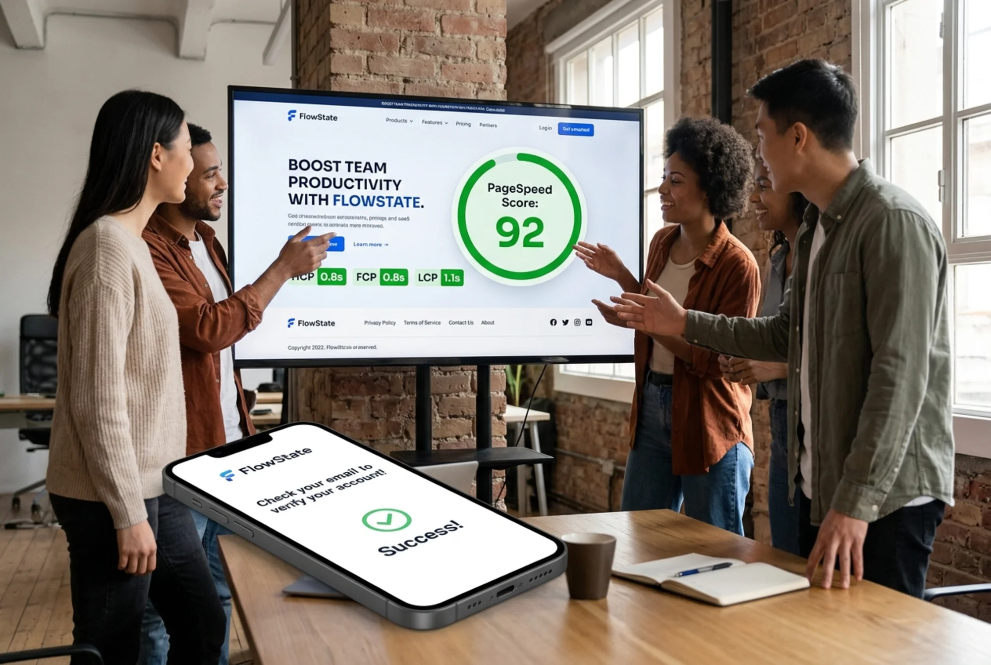 A small startup team gathered at a wall-mounted monitor showing their newly launched SaaS product page with a green PageSpeed score, a footer with privacy and contact links, and a phone in the foreground completing the signup form