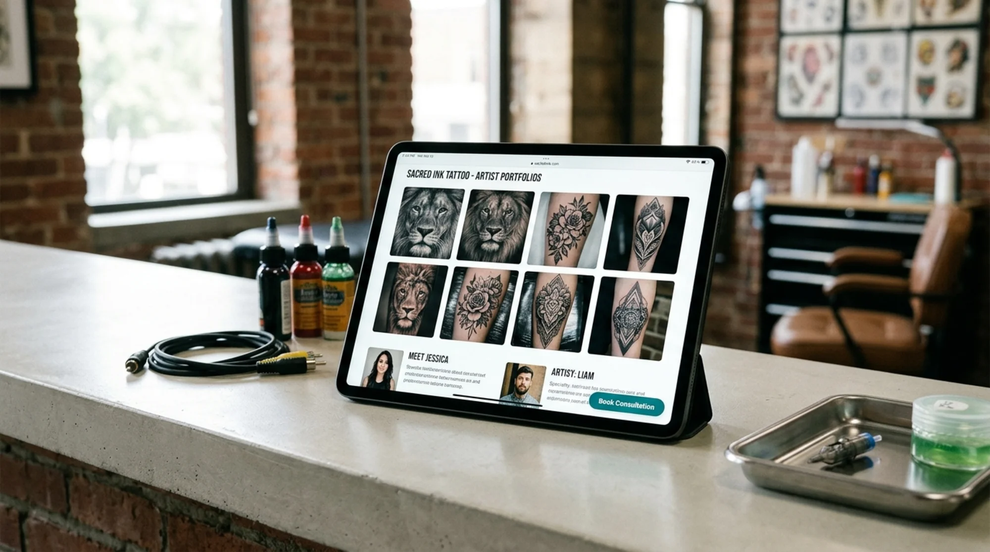 Close-up of a tattoo artist's tablet on a clean studio counter showing a portfolio gallery webpage with thumbnail grid, artist bios, and a "Book Consultation" button, soft natural light, ink bottles and a sterilized tray slightly out of focus in background