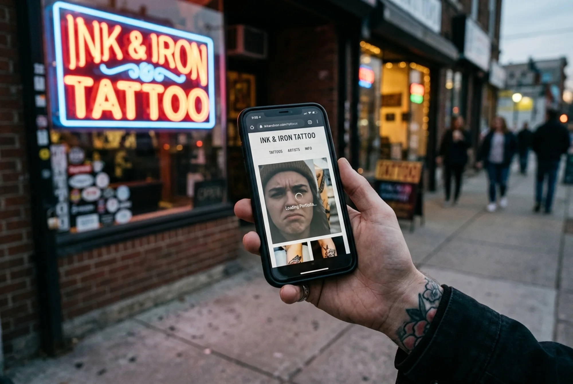 A smartphone held in a customer's hand outside a tattoo studio at dusk showing a slow-loading portfolio page with a half-loaded image placeholder and a frustrated facial reflection in the screen, neon studio sign blurred behind