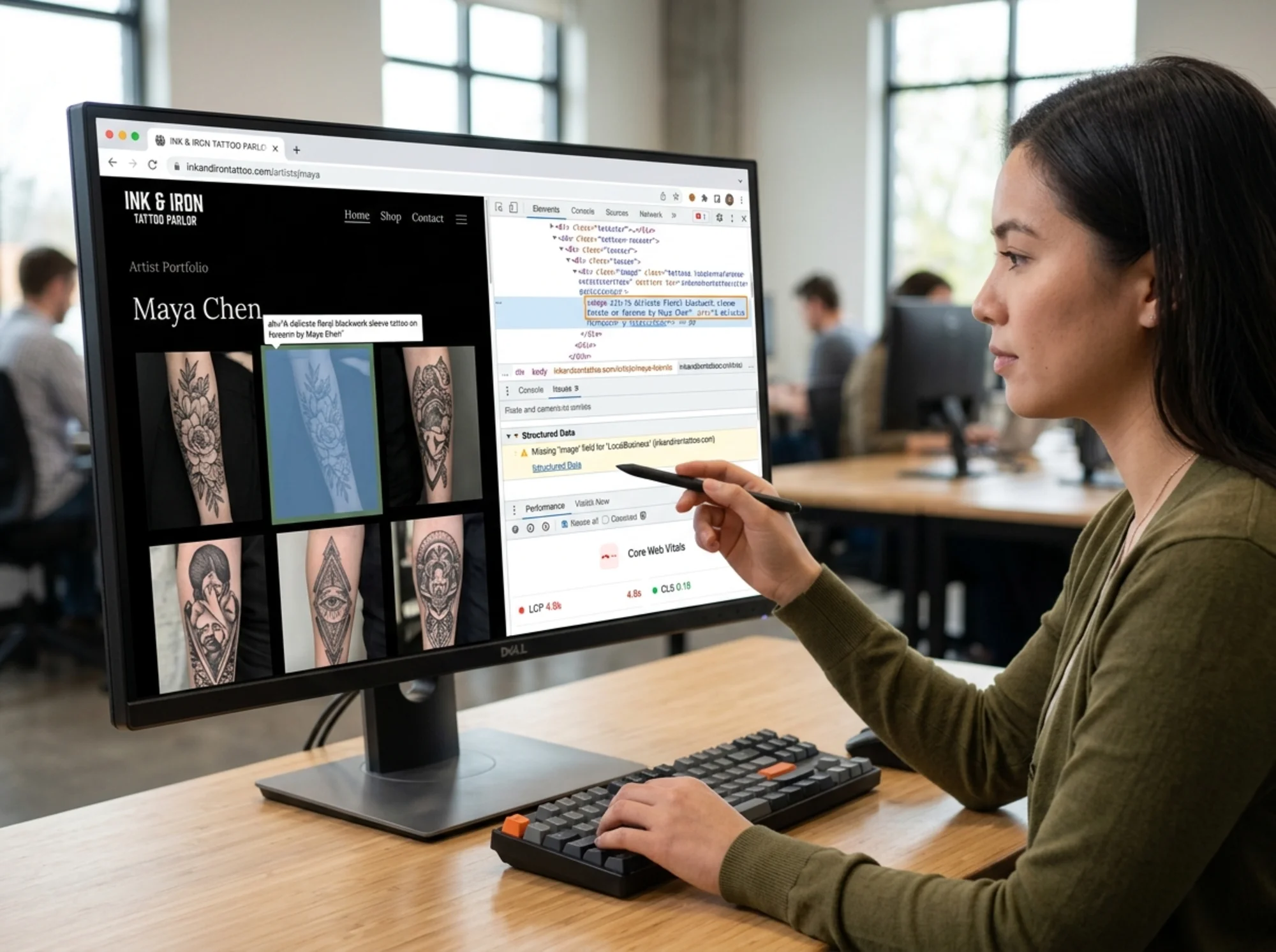 Split-screen view of a tattoo studio website being inspected in a browser developer tools panel showing structured data warnings, Core Web Vitals metrics, and an artist portfolio page with image alt text highlighted