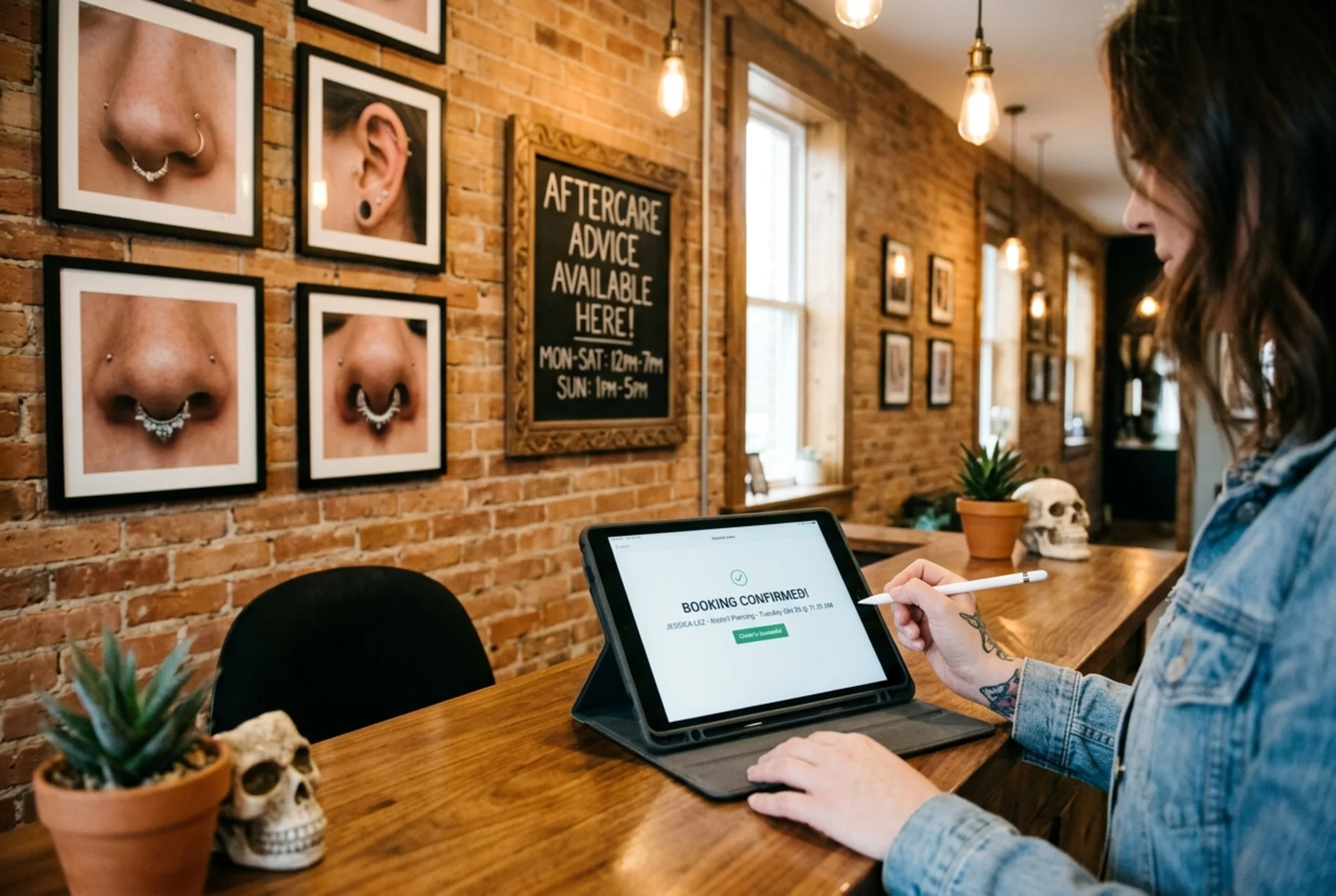 A piercing studio reception desk where a client checks in on an iPad showing a confirmed booking screen, while a wall behind displays framed healed-piercing photos and a chalkboard listing aftercare hours, warm interior lighting