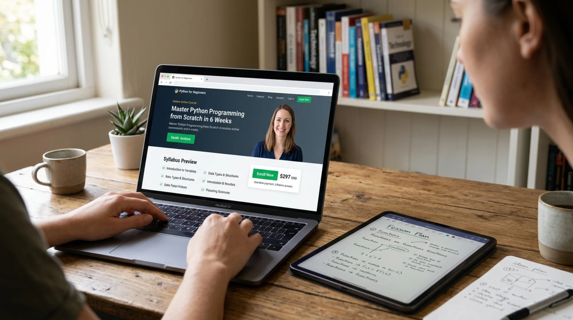 A tutor's course landing page open in a laptop browser showing a clear headline, instructor headshot, syllabus preview, visible "$297" price tag, and a green "Enroll" button, with a tablet displaying lesson notes beside it