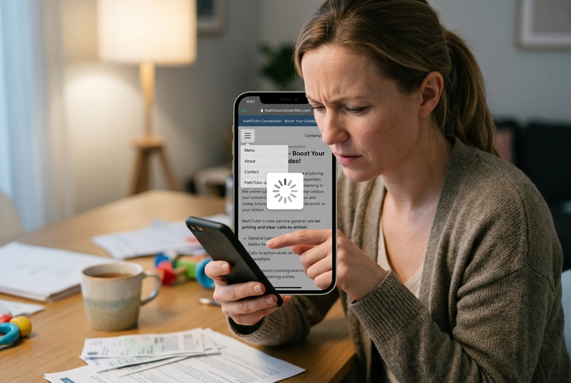 A parent on a phone squinting at a cluttered tutoring site with a visible loading spinner, a hamburger menu blocking the page, and no price visible — finger hovering uncertainly above the screen