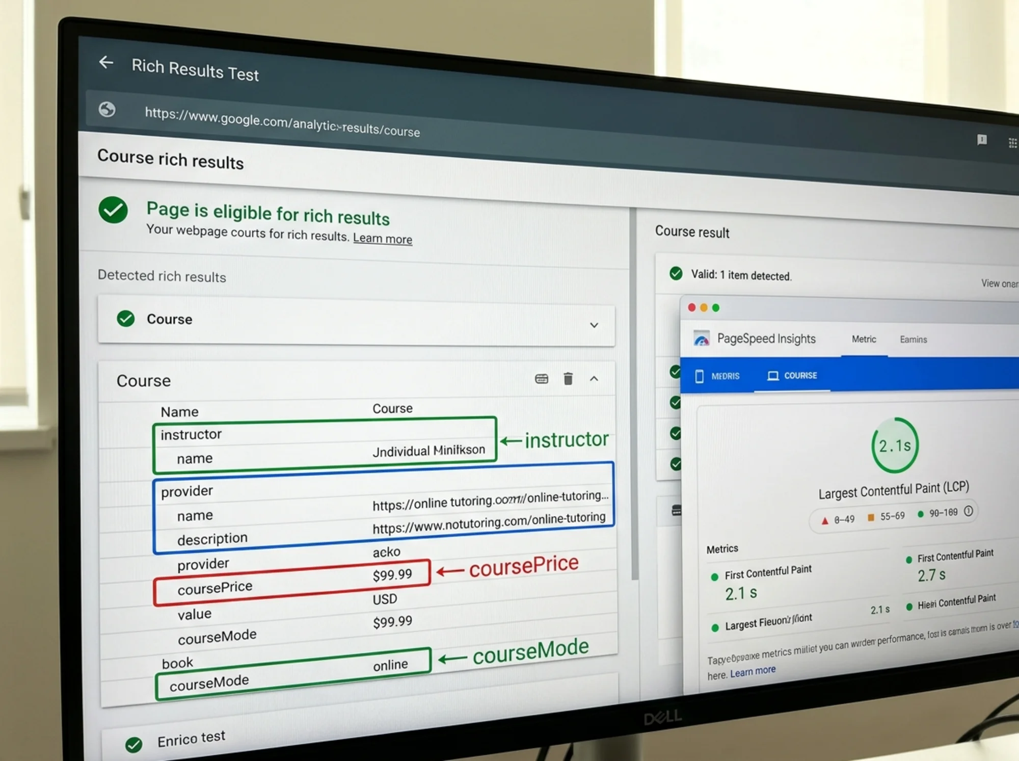 A close-up monitor view of Google's Rich Results Test showing valid Course schema with highlighted fields for instructor, provider, coursePrice, and courseMode, alongside a PageSpeed Insights LCP score
