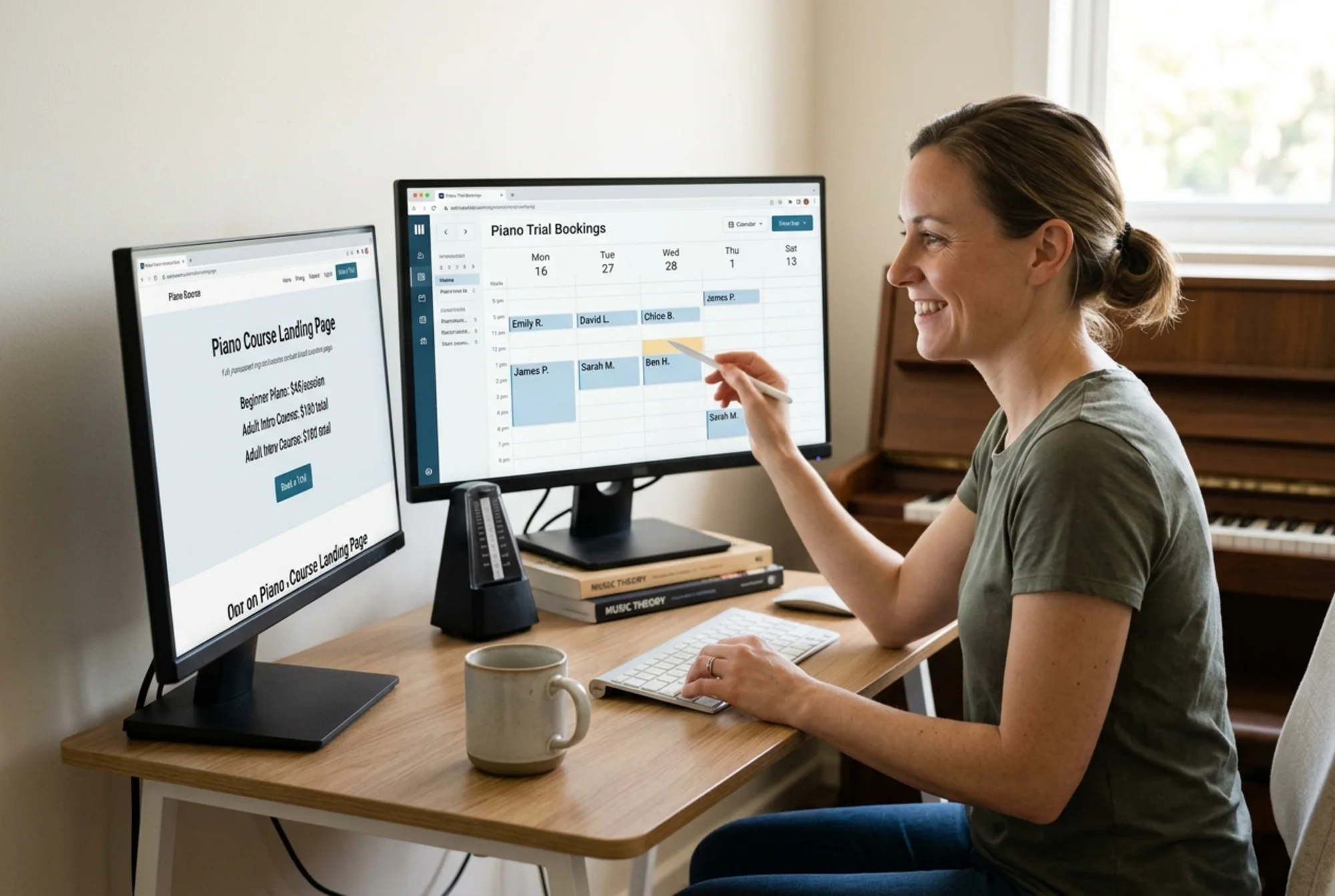 A piano tutor at a small desk reviewing a trial-booking calendar filling up with names for the week, with the same course page on a second screen now loading instantly and showing transparent pricing