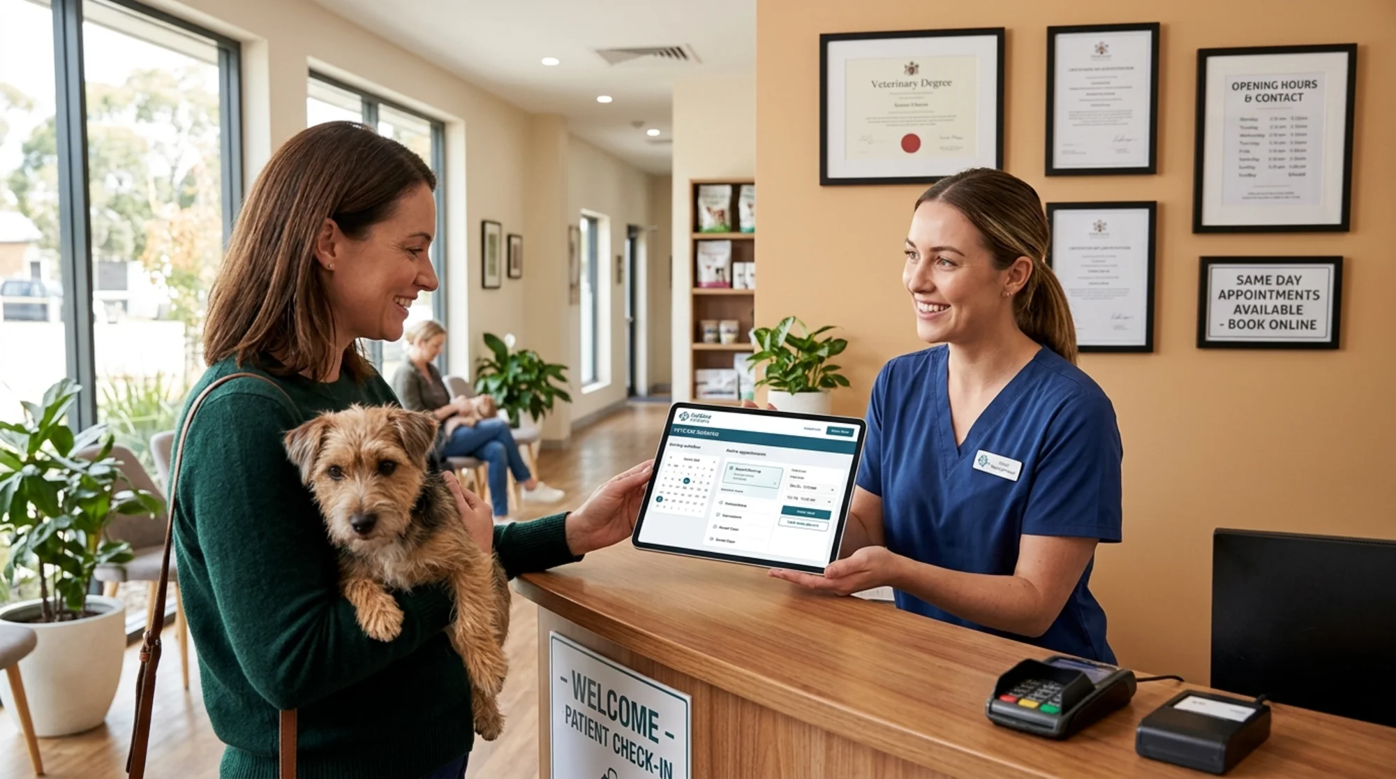 Friendly veterinary clinic reception desk where a receptionist shows a tablet displaying an online appointment booking screen to a pet owner cradling a small terrier, warm natural light through clinic windows, framed veterinary certifications and a same-day appointments sign on the wall, realistic photography