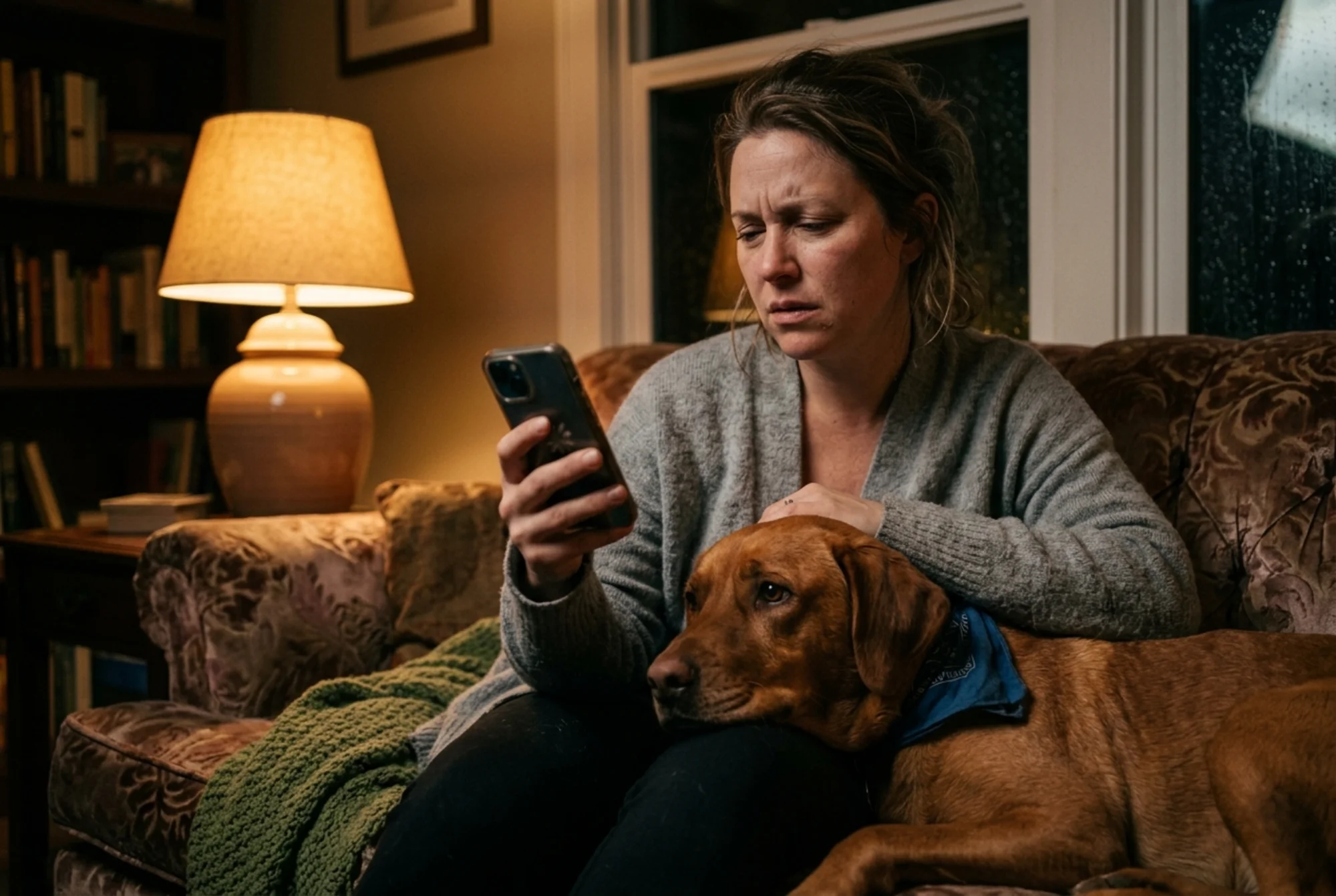 Anxious pet owner at home at night squinting at a smartphone showing a half-loaded veterinary clinic homepage with a spinning loader and a tiny phone number, a quietly distressed dog resting against their leg, dim warm lamp lighting on the couch, realistic photography