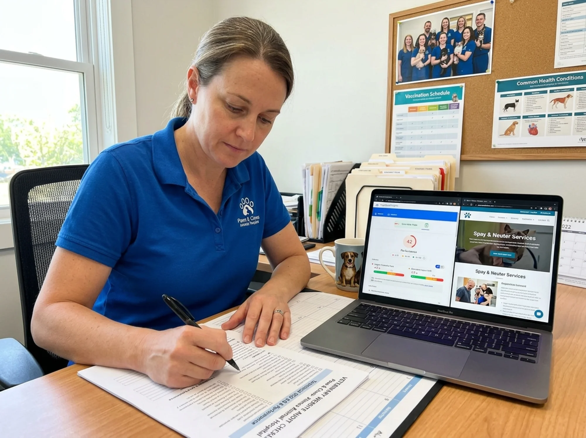Veterinary practice manager at a clinic office desk annotating a printed website audit checklist with a pen, an open laptop beside them showing a Core Web Vitals performance score chart and a clinic Spay and Neuter service page, daylight from a window, a team photo and vaccination poster visible behind, realistic photography