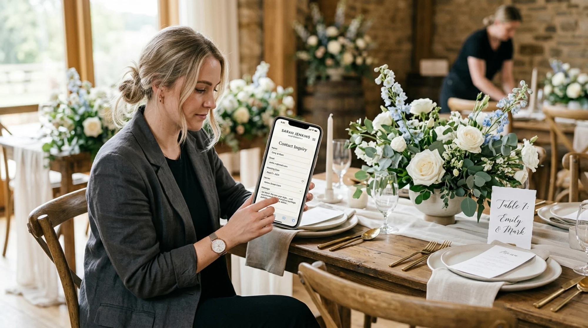 A wedding photographer reviewing a contact inquiry form on her phone while sitting next to a styled tablescape with floral centerpieces and place cards, soft natural window light