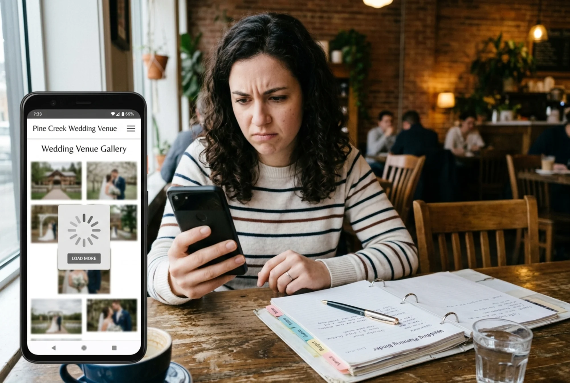 A bride-to-be frowning at a slow-loading wedding venue gallery on her phone, blurry thumbnails and a spinning loader visible on the screen, café setting with a planning binder open