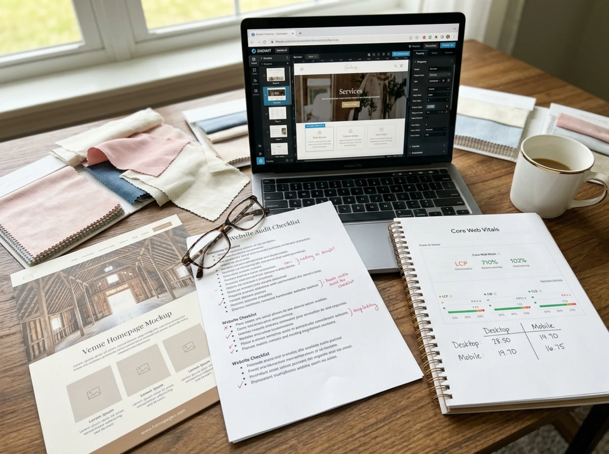 A wedding planner's desk with a printed website audit checklist, Showit dashboard open on a laptop next to a Core Web Vitals report, swatch books and a venue homepage mockup