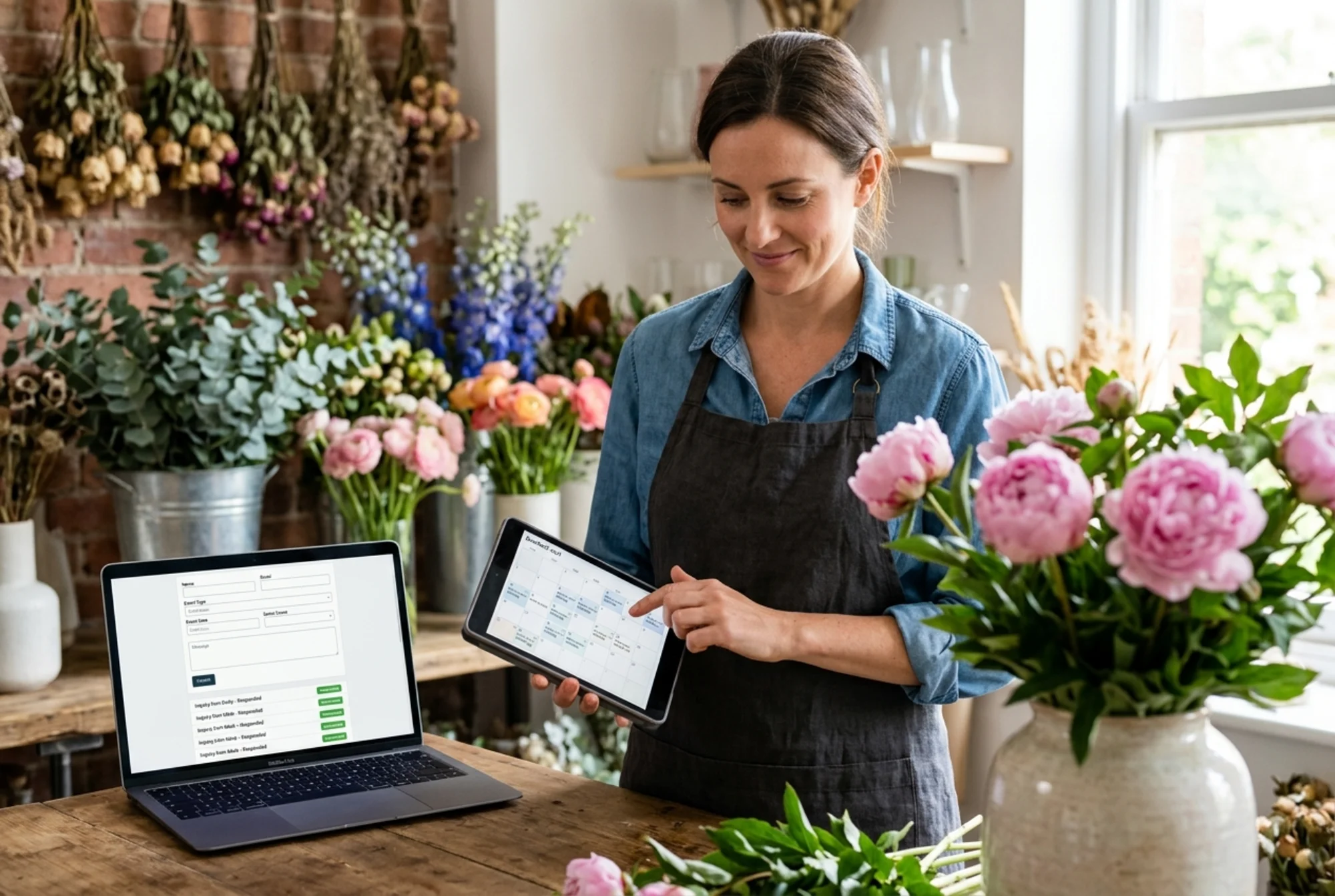 A florist confidently checking a booked-out calendar in her studio, vase of peonies in foreground, laptop in background showing a streamlined six-field inquiry form with new leads marked "responded"