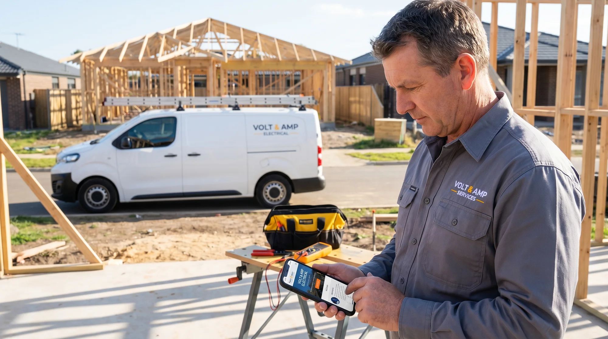 Electrician checking business website on a smartphone at a job site