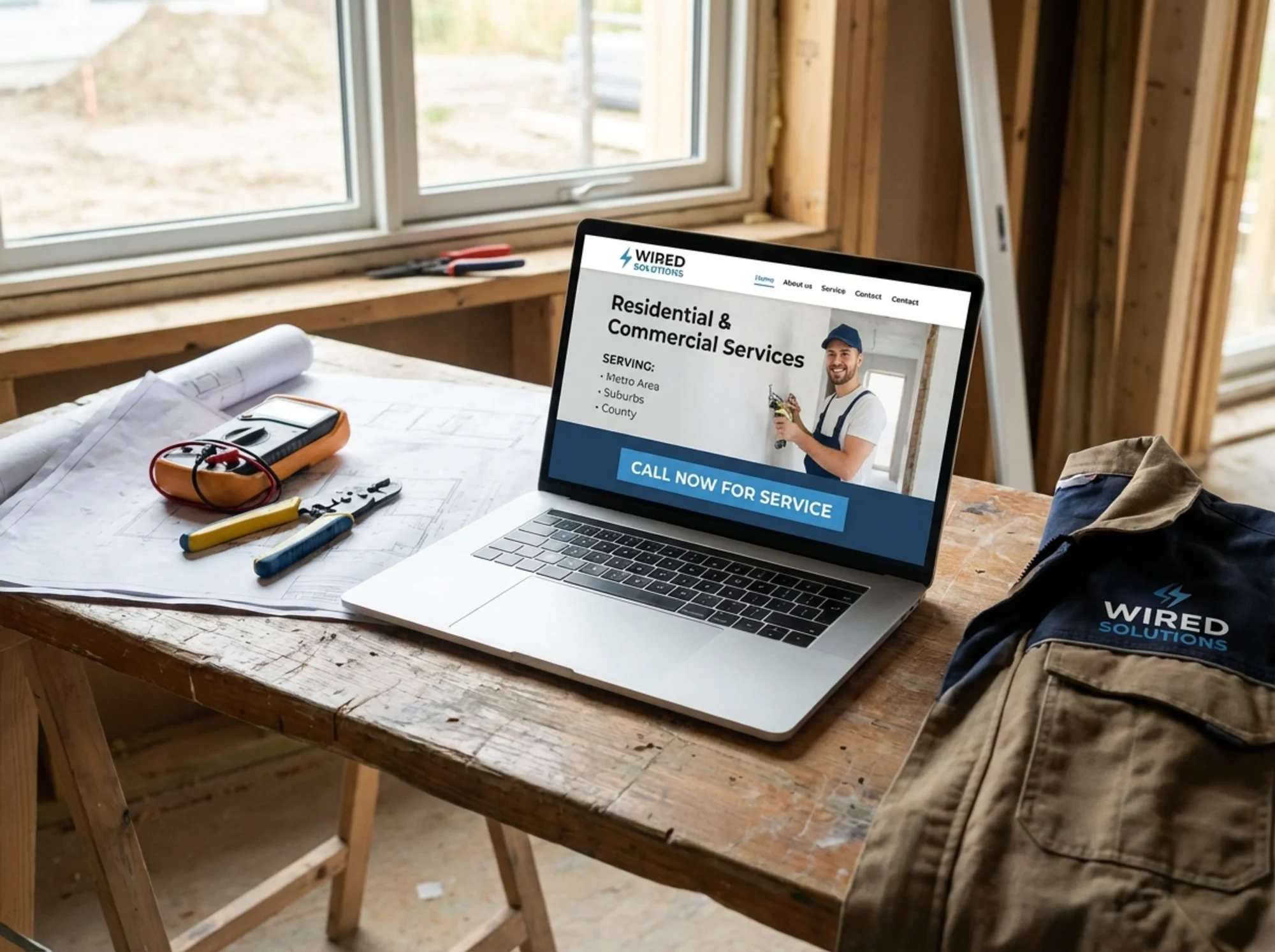 Laptop showing an electrician service page with service area details and a call button