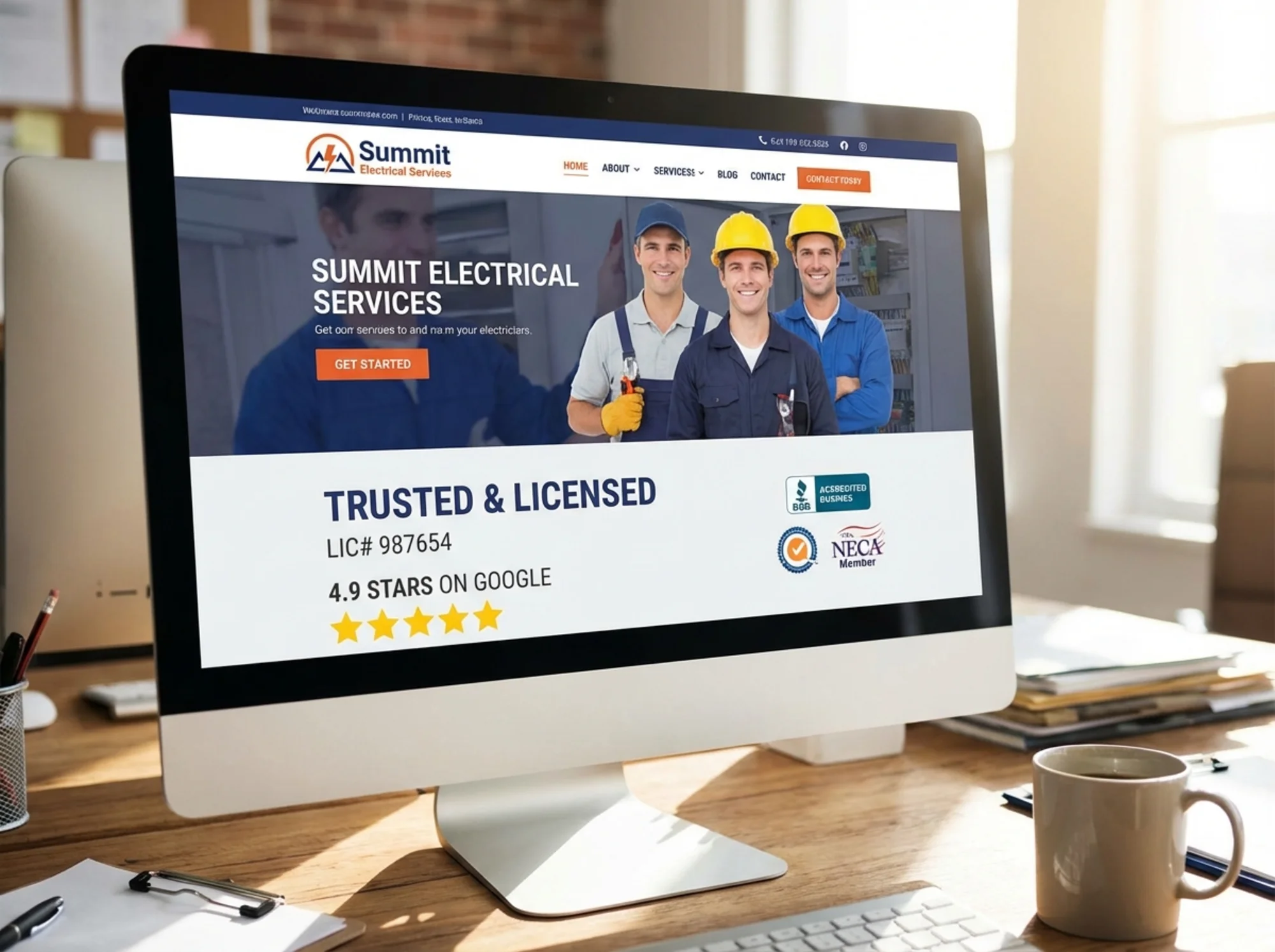 Electrician website trust section with review stars, badges, and team photos