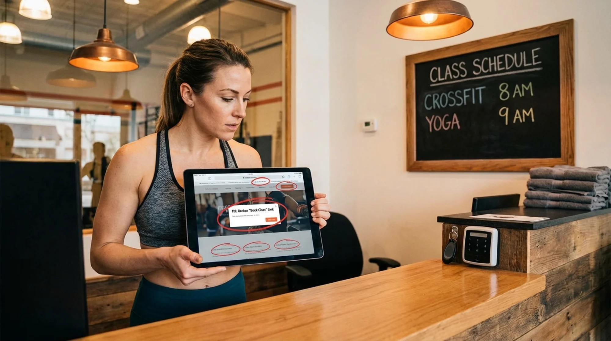 A gym owner standing at the front desk reviewing their studio website on a tablet, with a class schedule board and check-in area visible behind them, warm overhead lighting