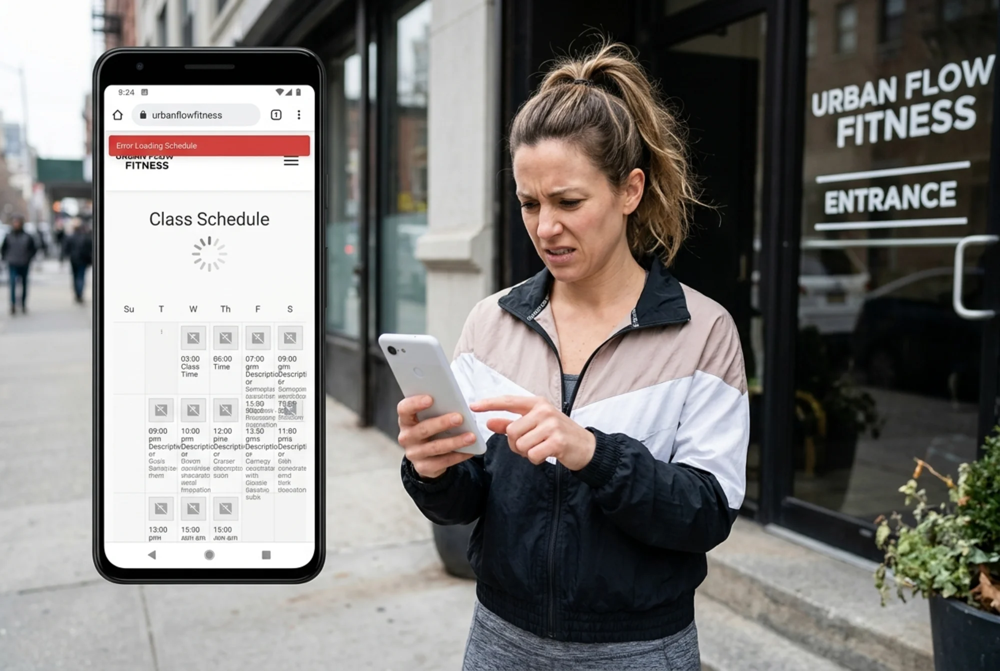 A smartphone screen showing a slow-loading gym website with a broken class schedule page and tiny unreadable text, a frustrated person holding the phone outside a fitness studio entrance