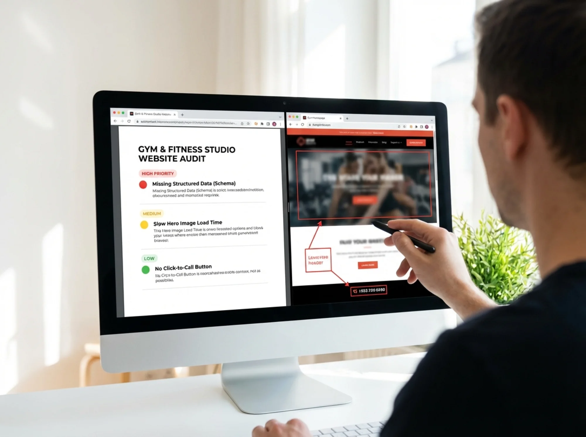 A split-screen view of a gym website audit report highlighting specific issues: missing structured data, slow hero image, no click-to-call button, with colored severity indicators next to each item