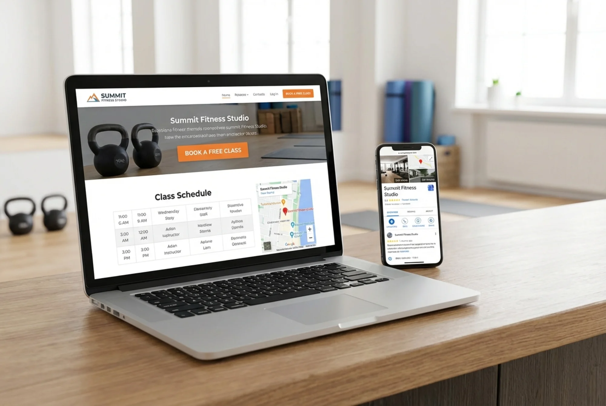 A fitness studio landing page on a laptop showing a clean mobile-friendly design with a prominent "Book a Free Class" button, class schedule grid, and Google Maps embed, next to a phone displaying a 5-star Google Business listing