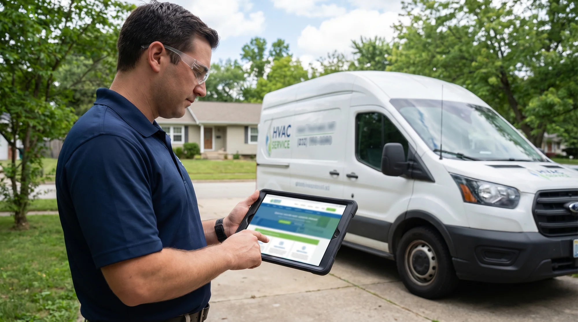 HVAC technician beside a service van while checking the company website on a tablet