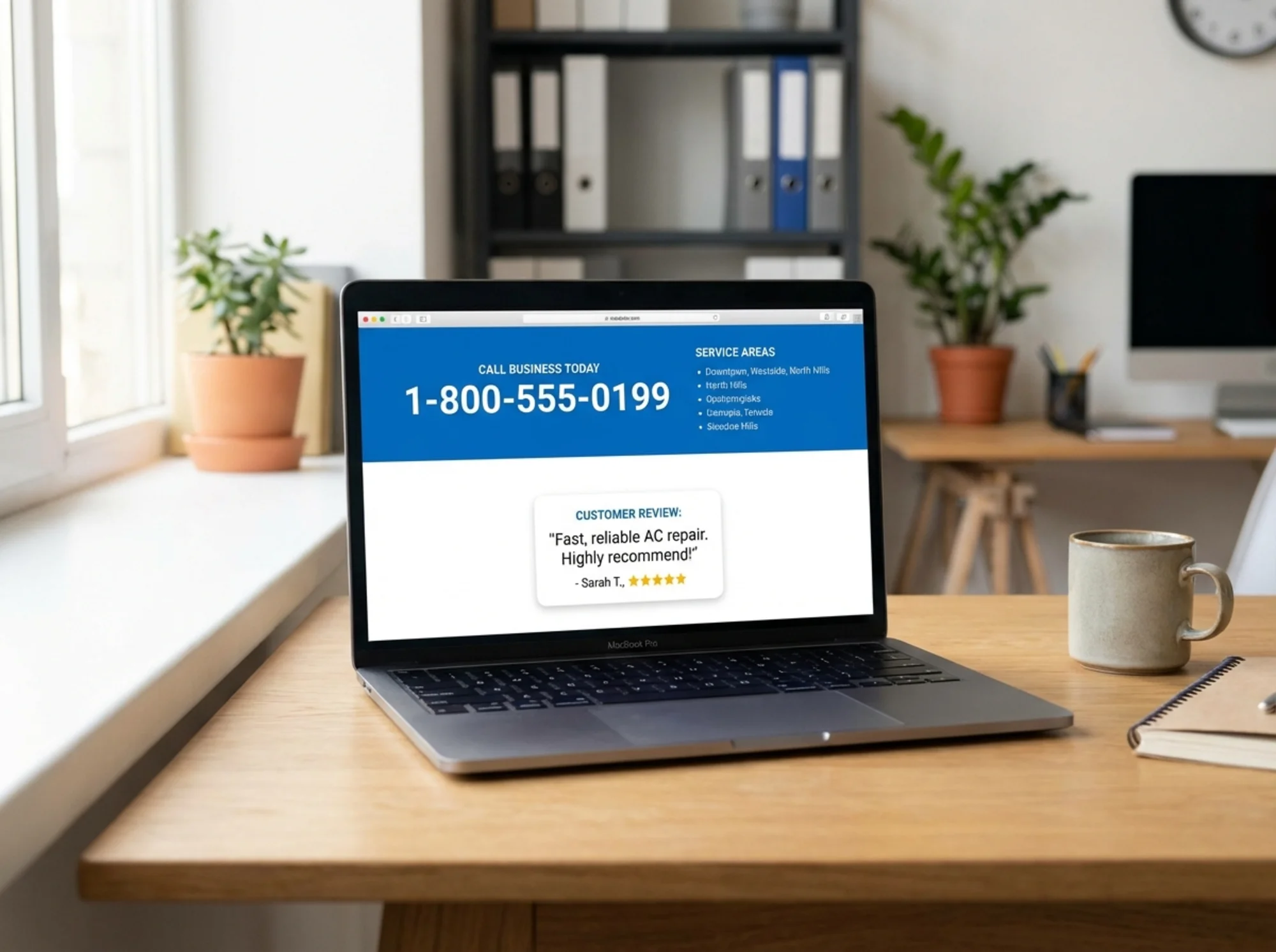 Laptop showing a dedicated HVAC air conditioning repair service page with a visible phone number and review