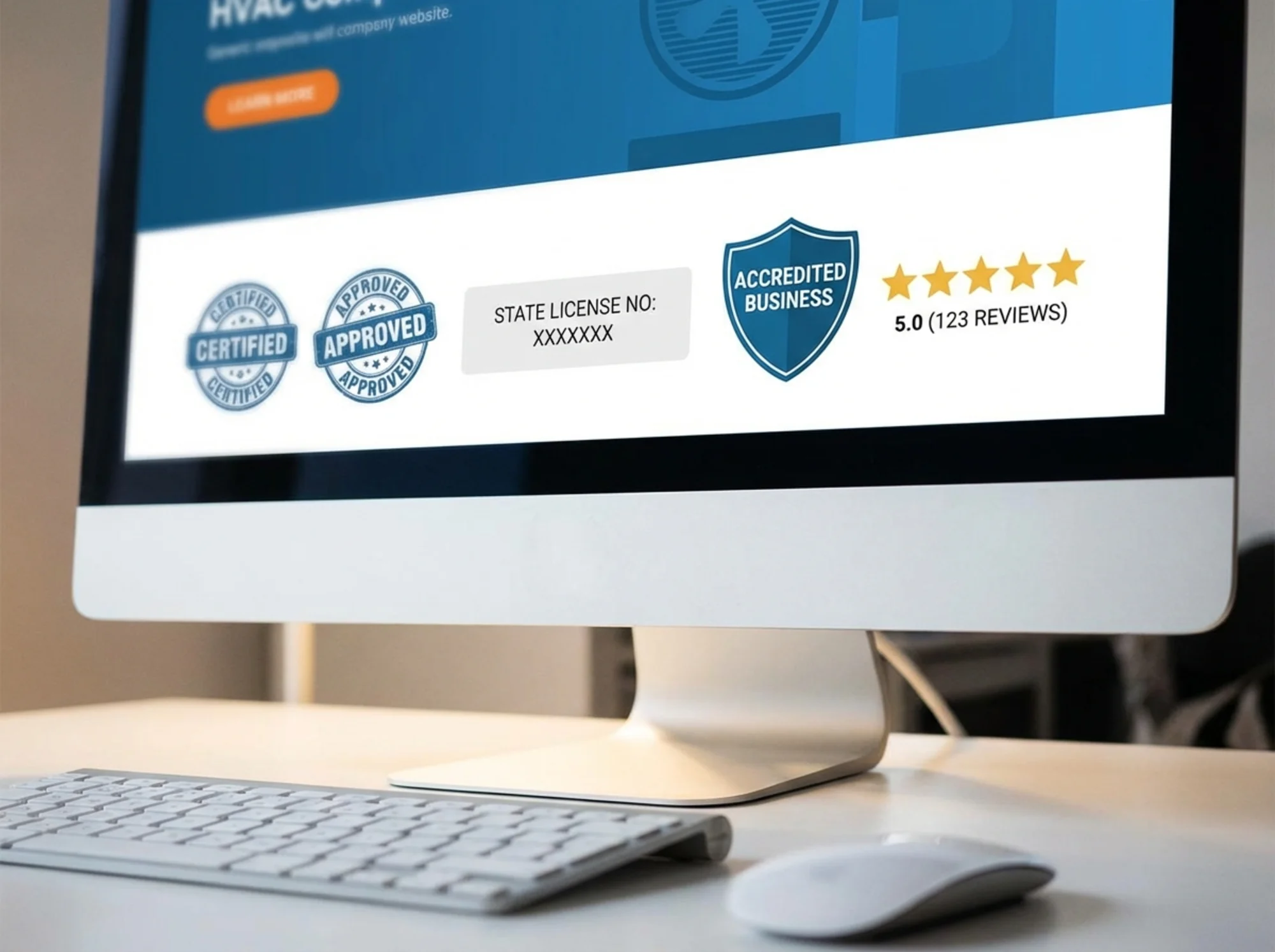 HVAC website trust section with certification badges, license details, and a five-star review count