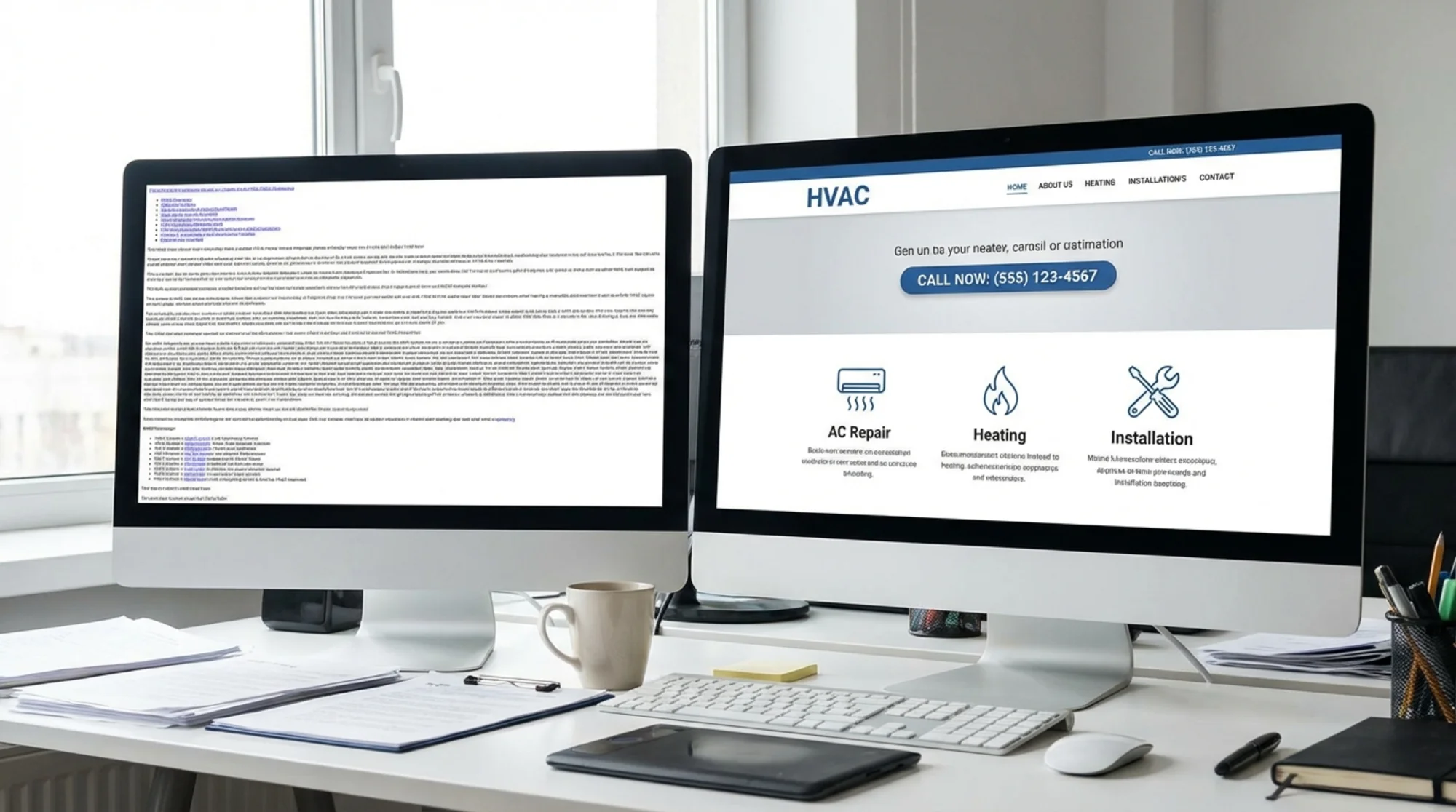 Side-by-side comparison of a cluttered HVAC homepage and a cleaner homepage with a visible call button