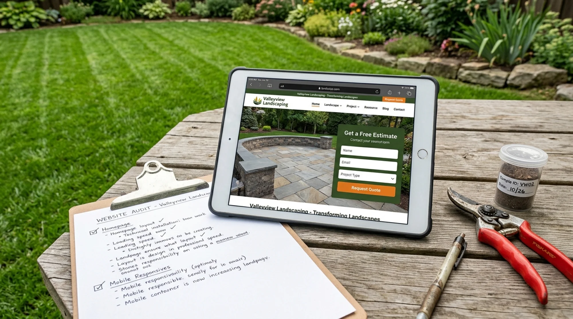 A landscaping company homepage open on a tablet resting on a wooden picnic table beside a freshly mowed lawn, showing a "Get a Free Estimate" form and a hero image of a stone patio installation, with a pair of pruning shears, a soil sample, and a clipboard next to it