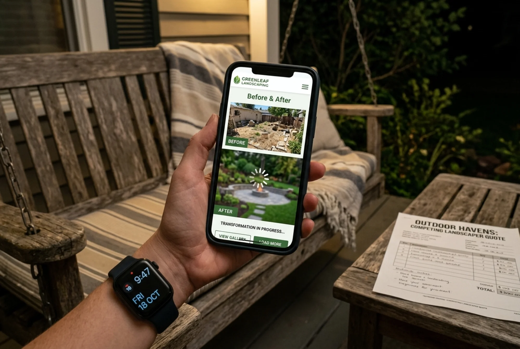 A half-rendered before/after backyard transformation gallery on a phone with a spinning loader stuck mid-load, a homeowner's hand holding the phone on a porch swing, a smart watch on the wrist showing 9:47 PM, and a printed quote from a competing landscaper on a side table