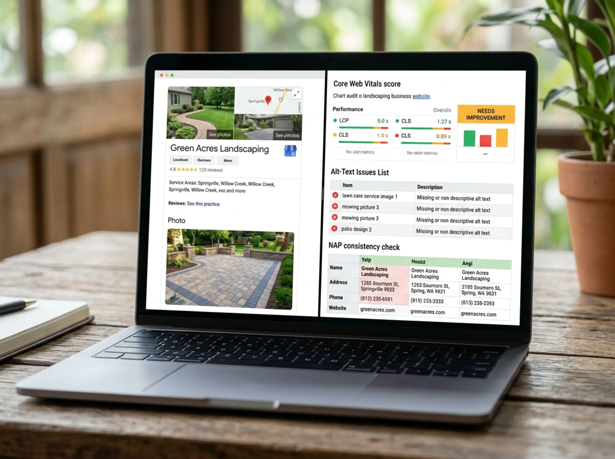 A split-screen landscaping site audit on a laptop: left pane shows a Google Business Profile for "Green Acres Landscaping" with service areas, review stars, and a paver patio photo; right pane shows a Core Web Vitals score chart, an alt-text issue list for lawn care images, and a NAP consistency check across Yelp, Houzz, and Angi