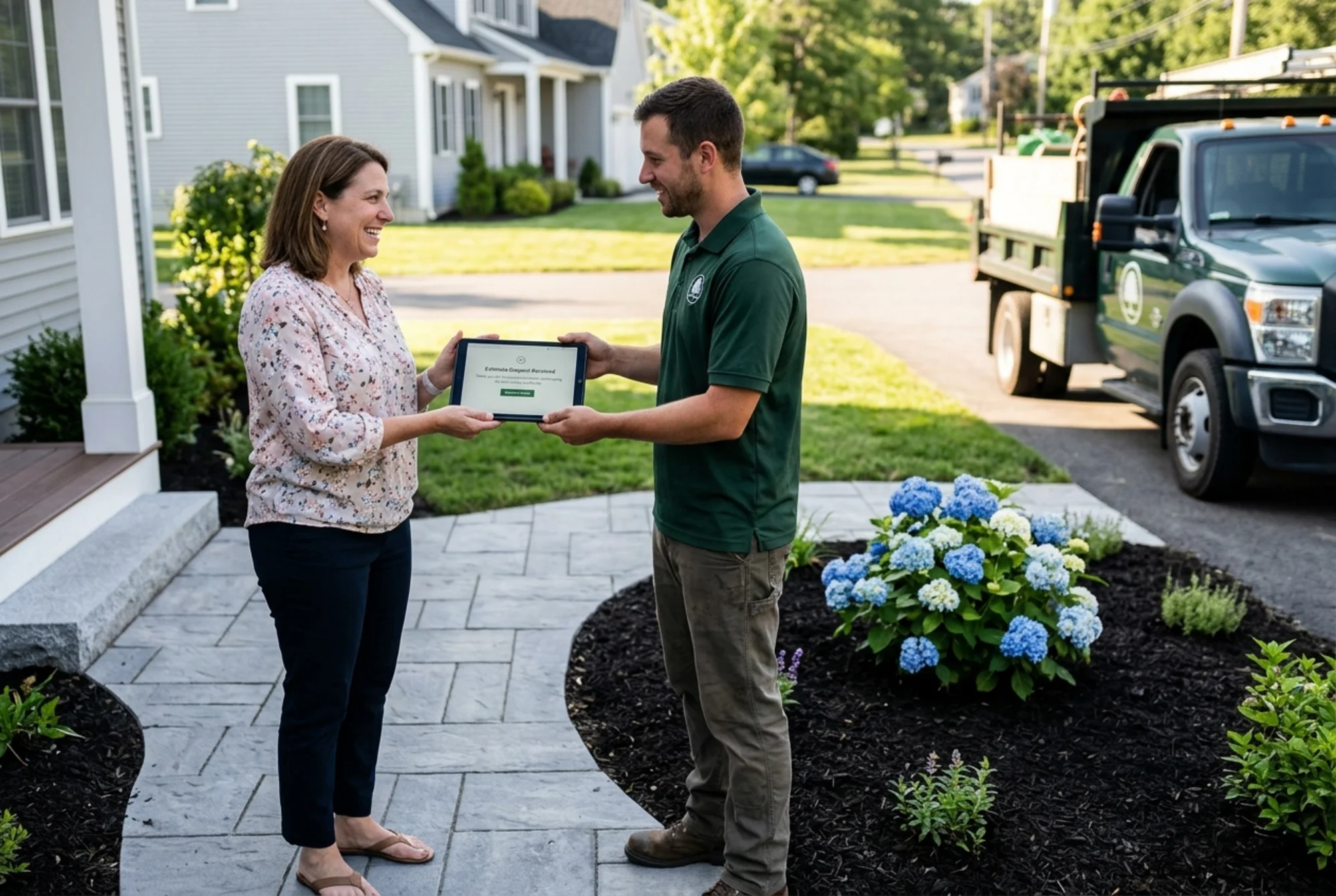 A homeowner on a freshly mulched front lawn smiling while a landscaper in a branded polo hands her a tablet showing a "Estimate Request Received" confirmation, with a newly planted hydrangea bed, a stone walkway, and a parked landscaping truck visible behind them