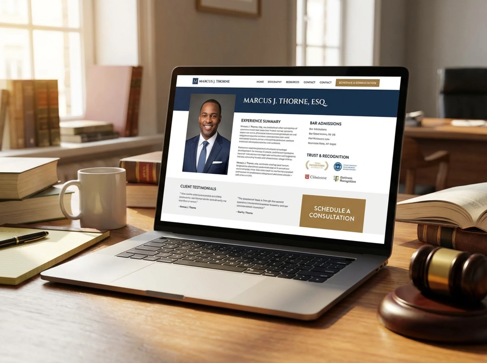 Attorney bio page with professional headshot, experience summary, bar admissions, and consultation button