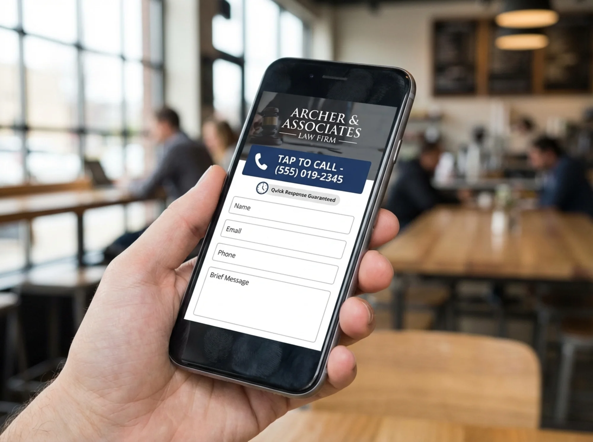 Law firm mobile contact section with a large tap-to-call button and short consultation form